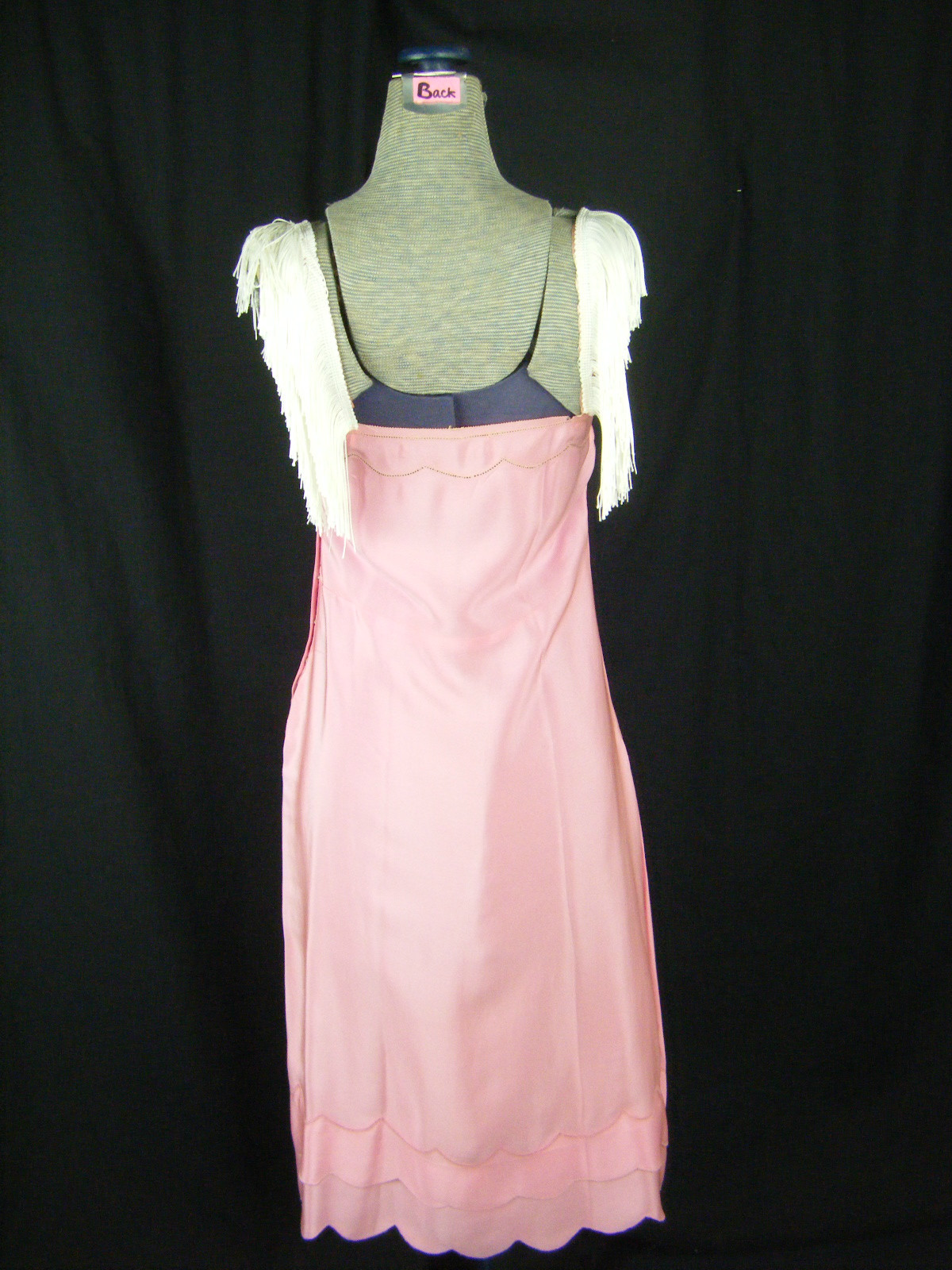 Vtg 20s Dark Pink Scalloped Hem Flapper Dress w/White Fringe Straps-Bust 28/XXXS