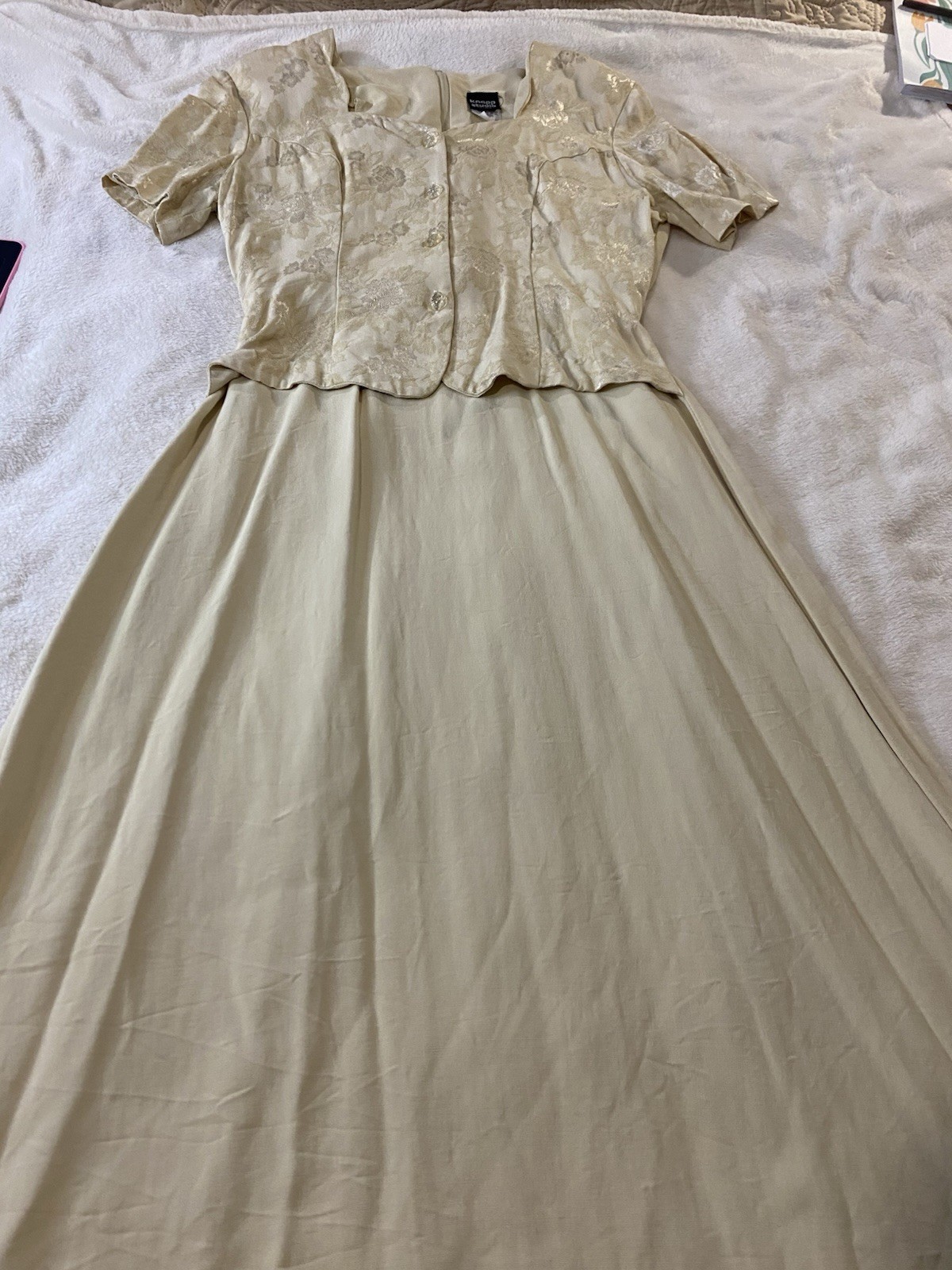 VTG 90s Knapp Studio Champagne Jacquard Floral Cap Sleeve Long Dress 11 Cottage
