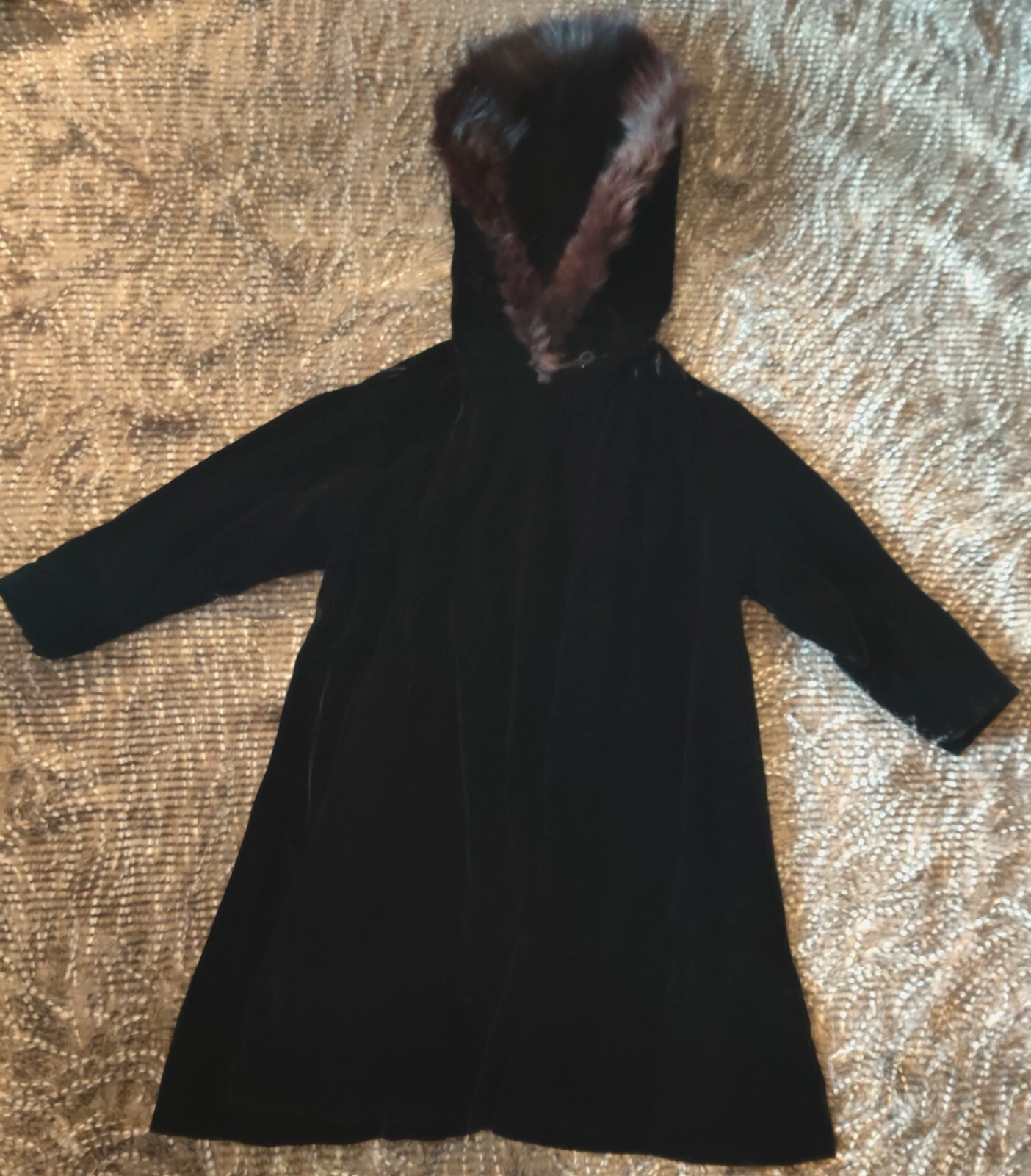 Velvet Real Fox Fur Hood Opera Evening Coat Victorian Edwardian Black Dressing