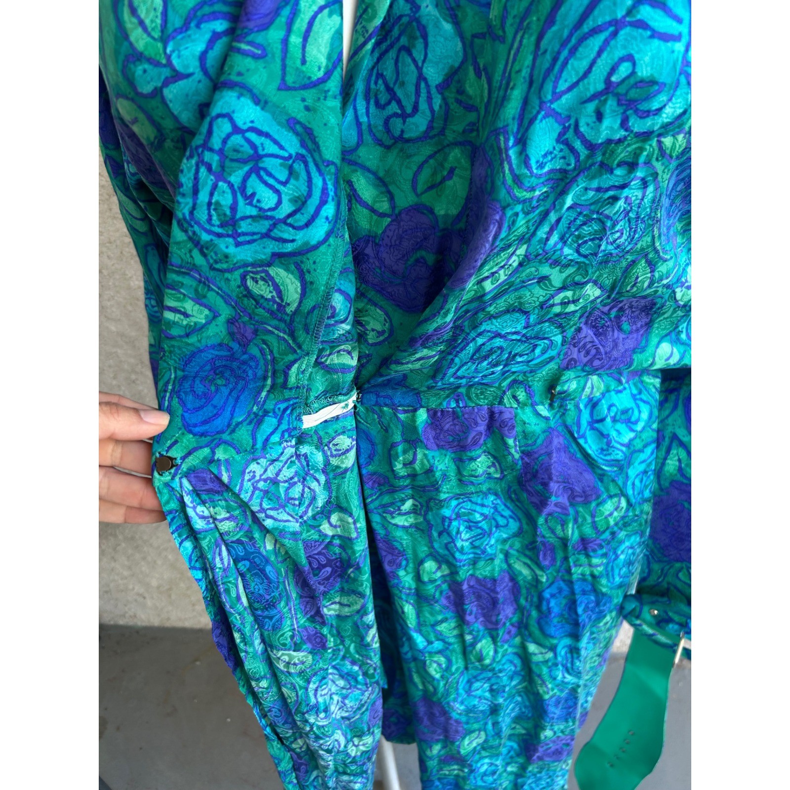 Vintage Silk Floral Wrap Dress Sz 14 Teal Blue Purple 80s Belted