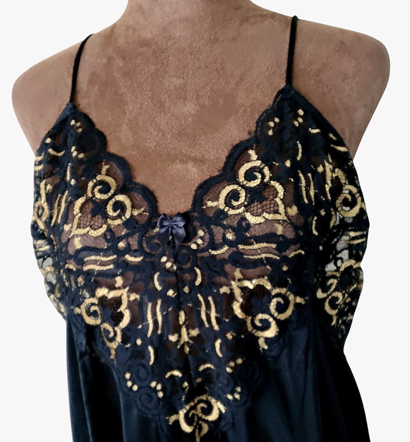 Vintage Nightgown Soft Moments New York Large Black Gold Lace Bow Whimsigoth