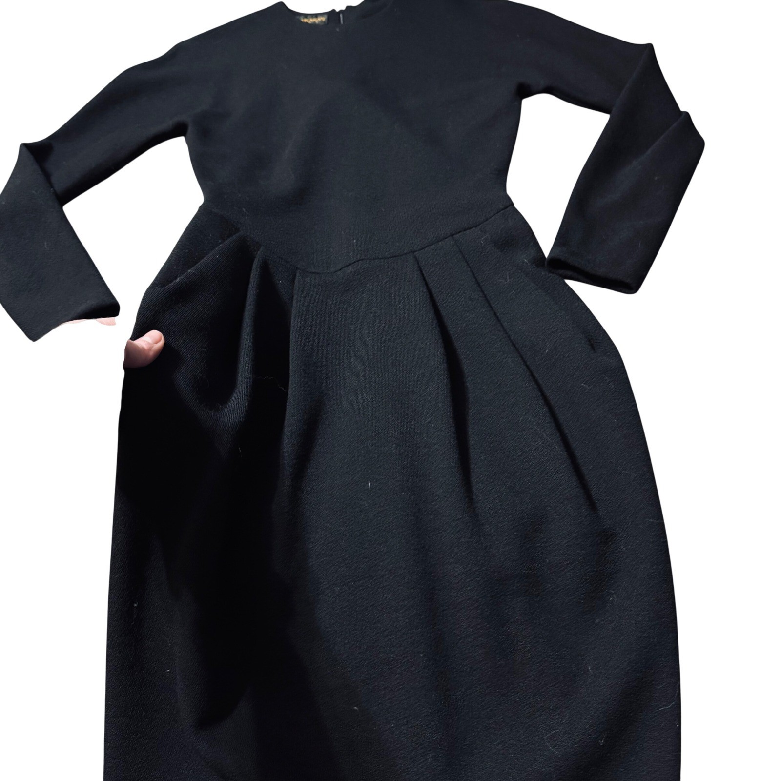 Donna Karan New York Vintage Black 100% Wool Pleated Long Sleeve Dress Sz 2 Pock