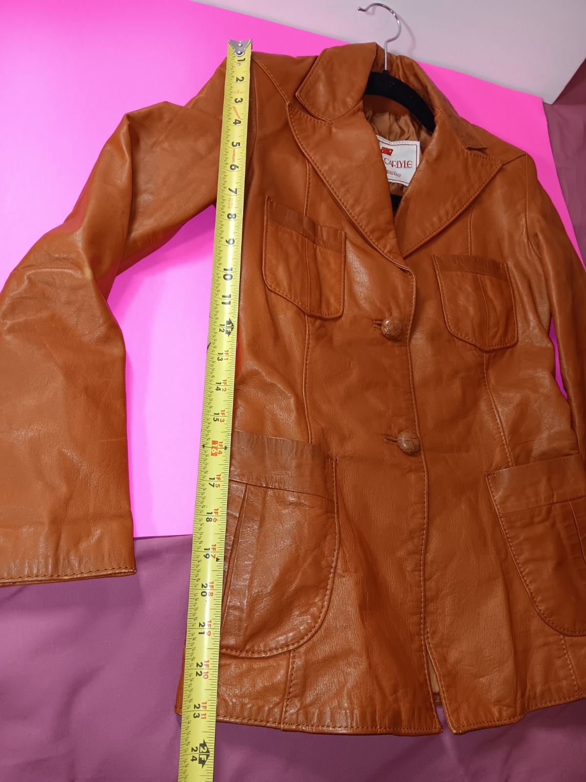 Vintage Leather Jacket Crae Carlyle Size S 70s Glossy Nutmeg Brown Fitted