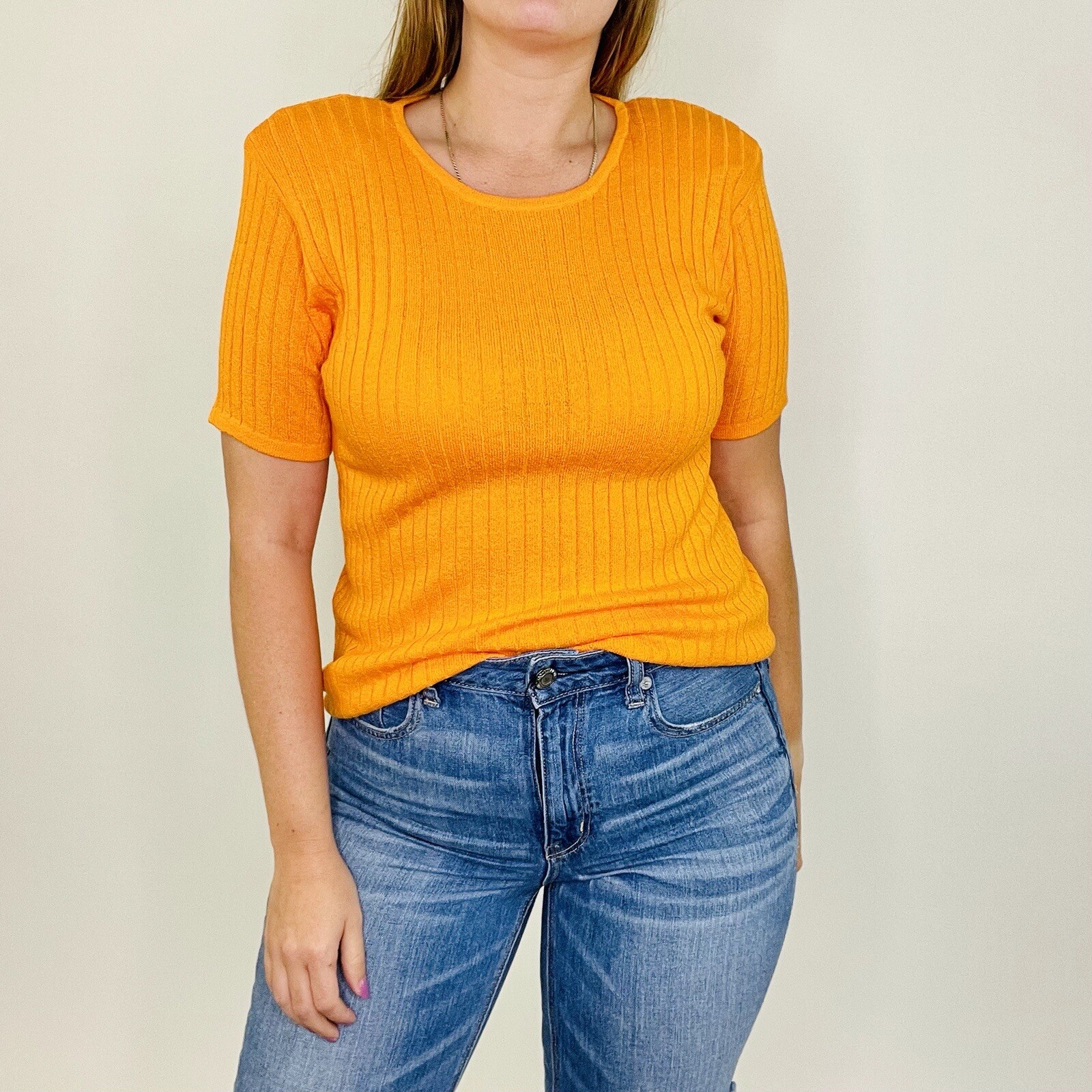 Vintage 90s David Hollis Ribbed Orange Short Sleeve Sweater Blouse Medium Womens