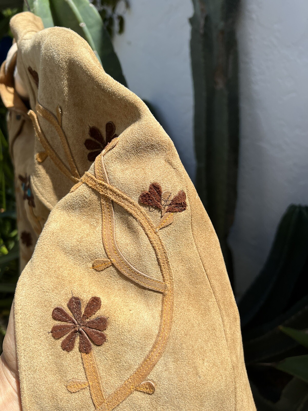 Vintage 70s Tan Suede Cape Coat Jacket Flowers Heart Jacket