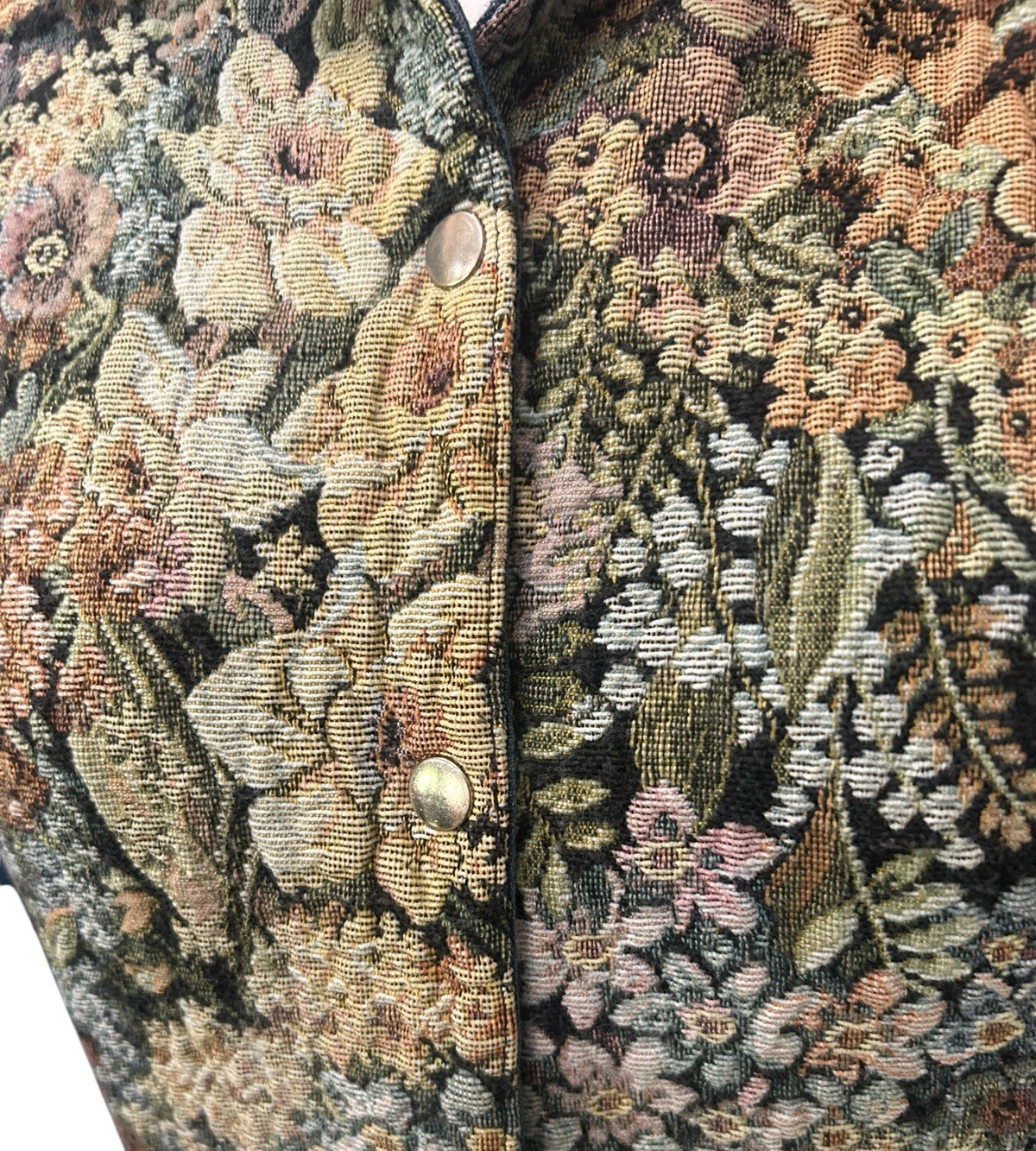 Vintage 80s Denim Prairie Dress Tapestry Floral Corset Midi Puffed Sleeve S 7 ^