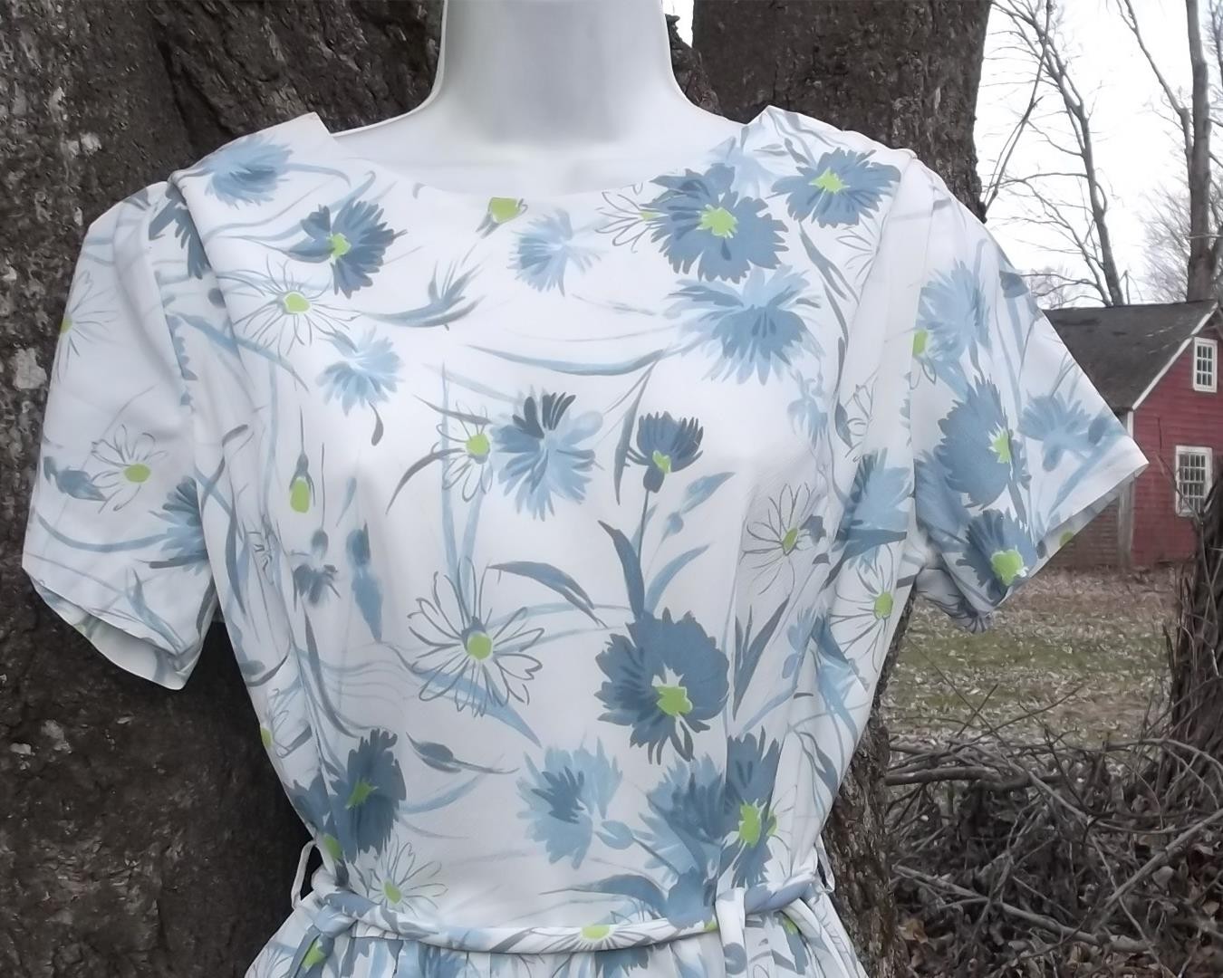 VTG 60s MCM Blue Floral Crepe Dress M Cay Artley Lovely Pleated Skirt w Belt VFG