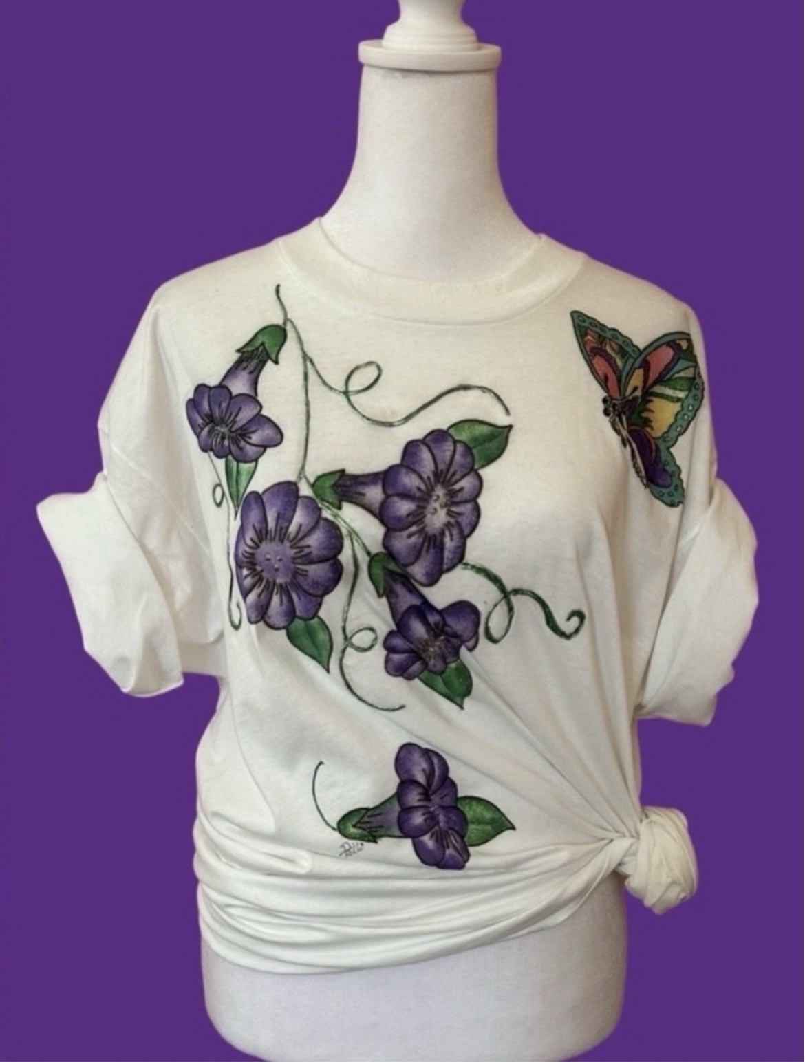 VTG 90s Hand Painted T-Shirt glitter Puffy Paint Purple Floral Butterfly OOAK XL