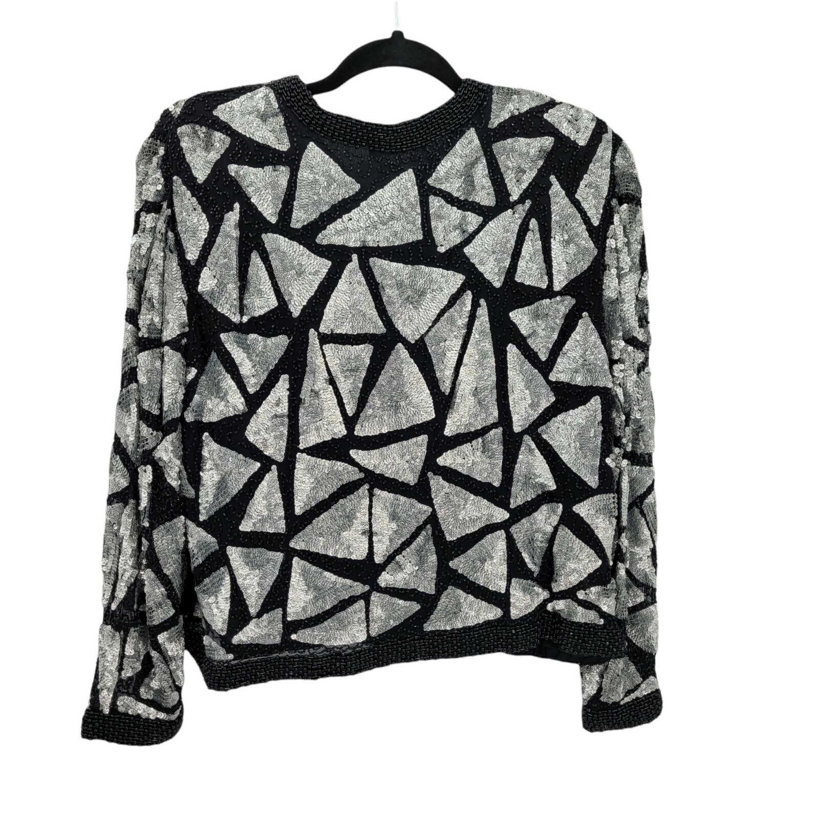 Vintage 80’s Sweelo Blazer M Silk Geometric Black Silver Metallic Sequin Beaded