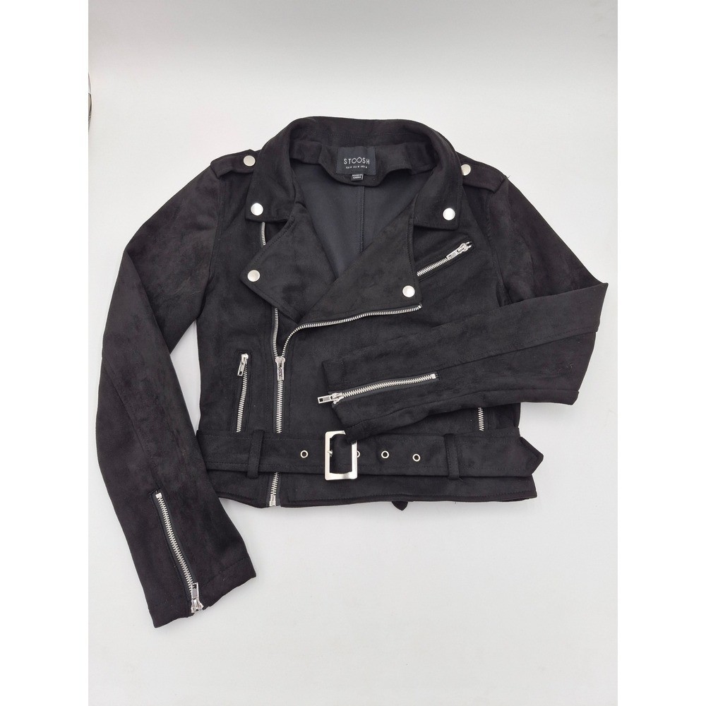 Stoosh Womens Black Faux Suede Moto Biker Jacket Belted Size M JKJR1340