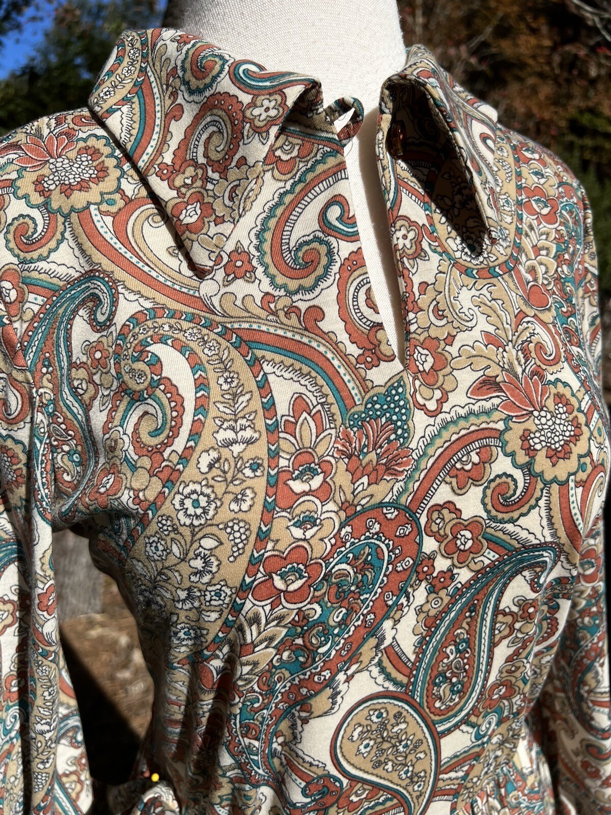 VTG 70’s Pointy Collar Dress, Pleated Skirt, Earth Tone Paisley Print