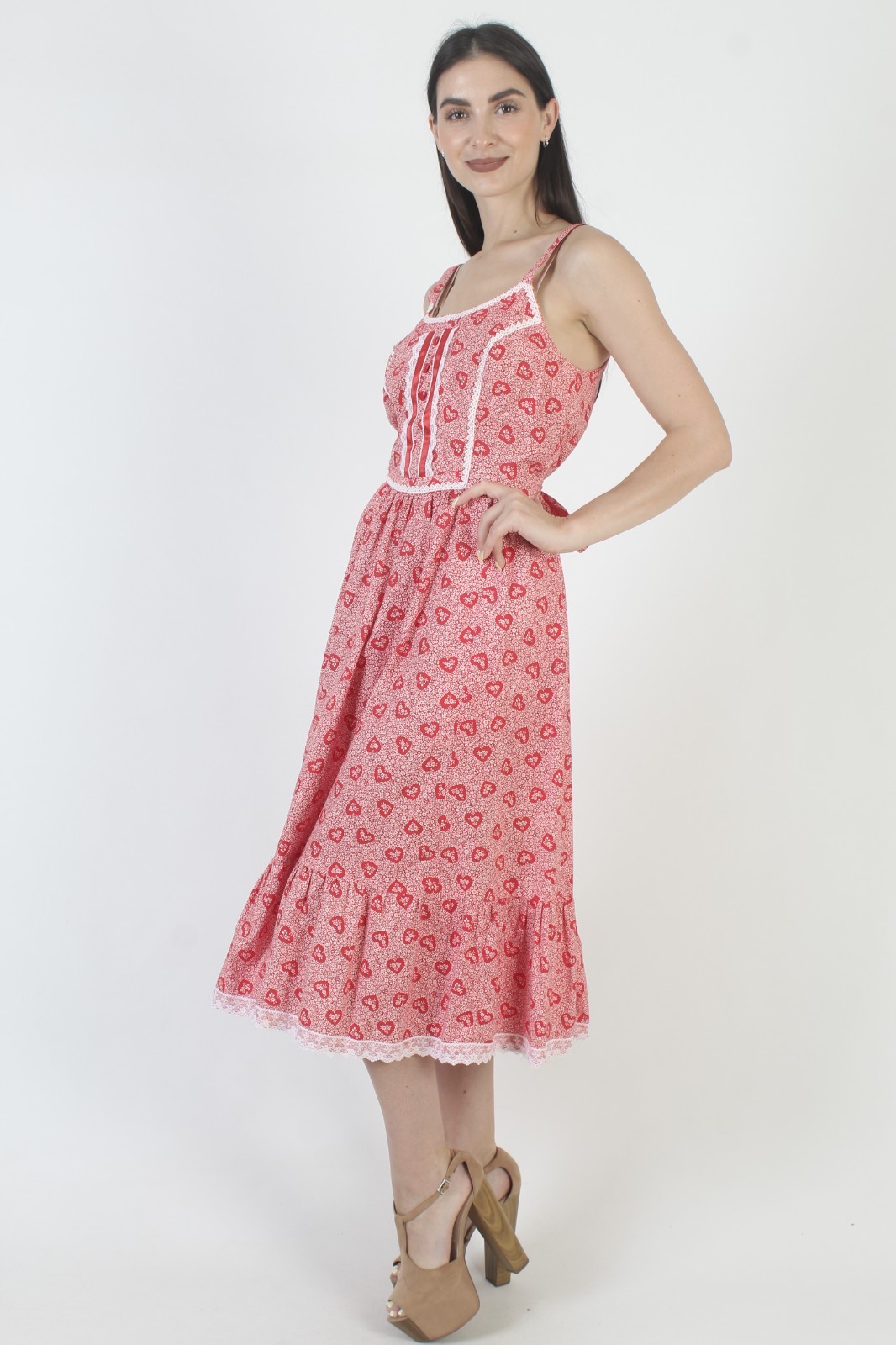 Vintage Red Heart Print Dress Calico Crochet Lace Boho Prairie Cottage Sundress