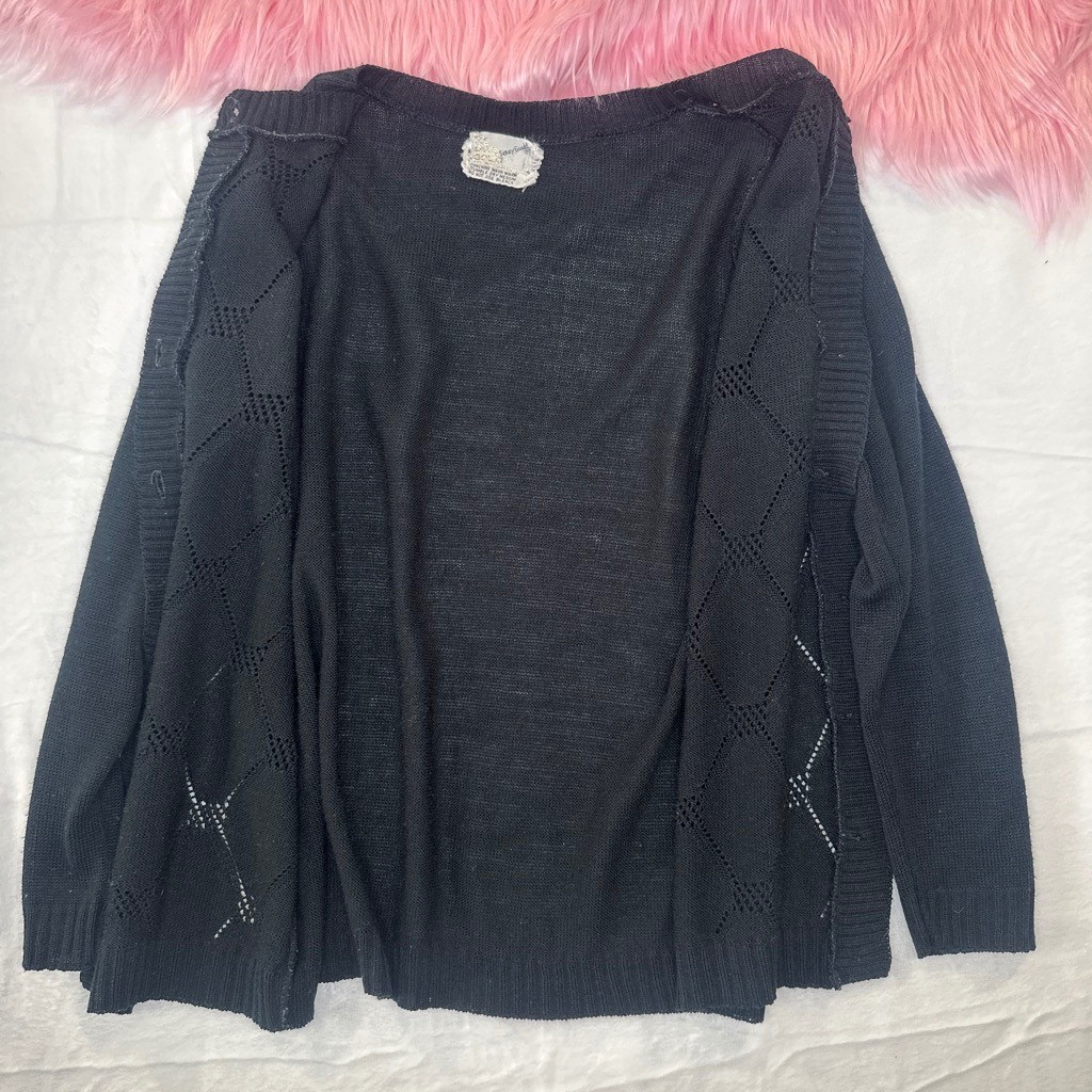 Vintage Goth Indie Black Pointelle Diamond Knit Cardigan Sweater USA Made MEDIUM