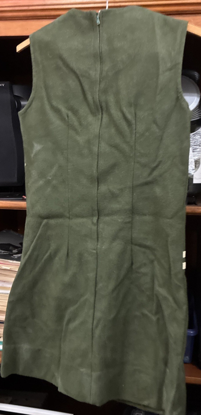 Vintage 1970s Olive Green Women’s Sleeveless Mini Dress with Cream Trim NO SIZE
