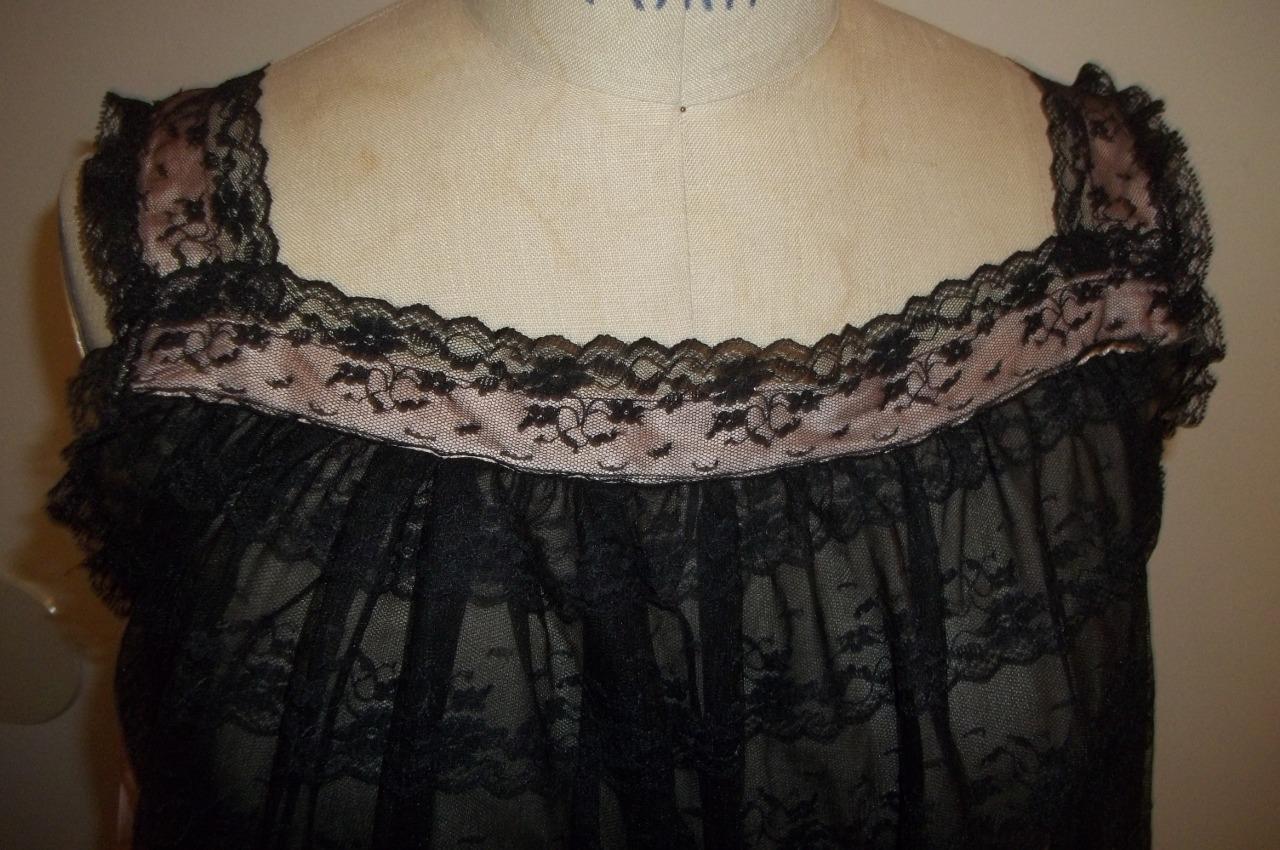 Vintage 60’s LEONORA Black Lace Lingerie Babydoll Chemise Negligee Nightie S