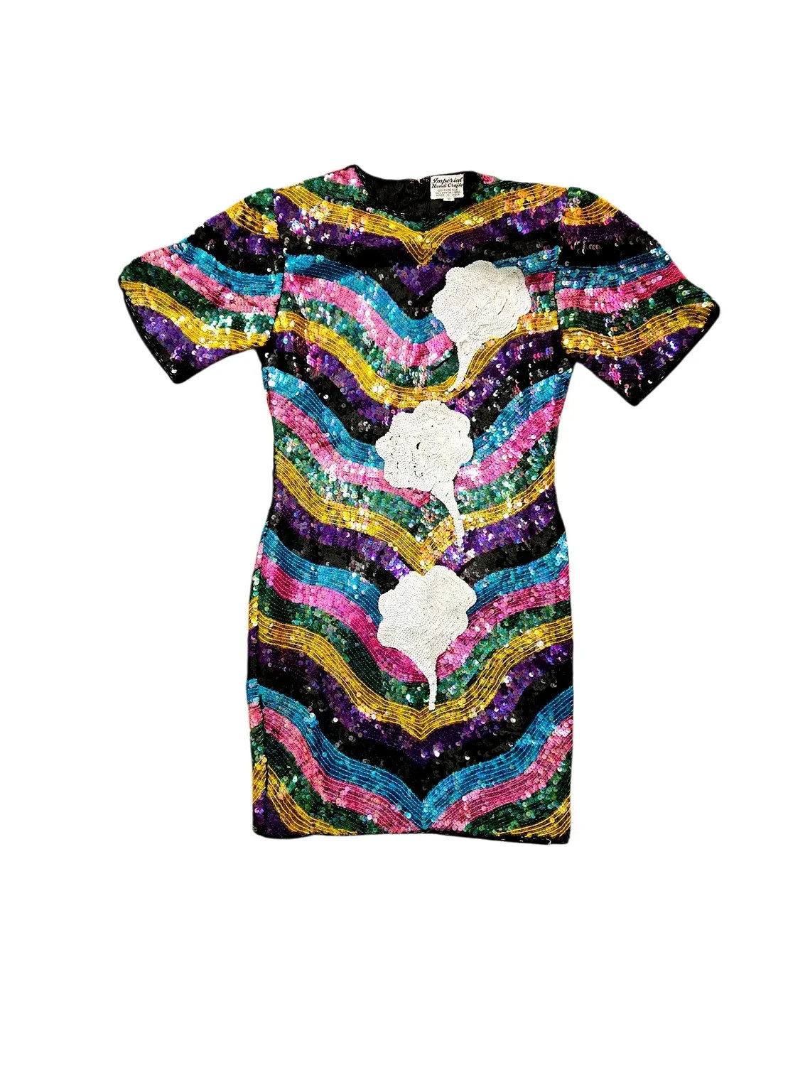 1980s Rainbow Stripe Silk Beaded Sequin Dress I Sz Med Imperial Handicrafts