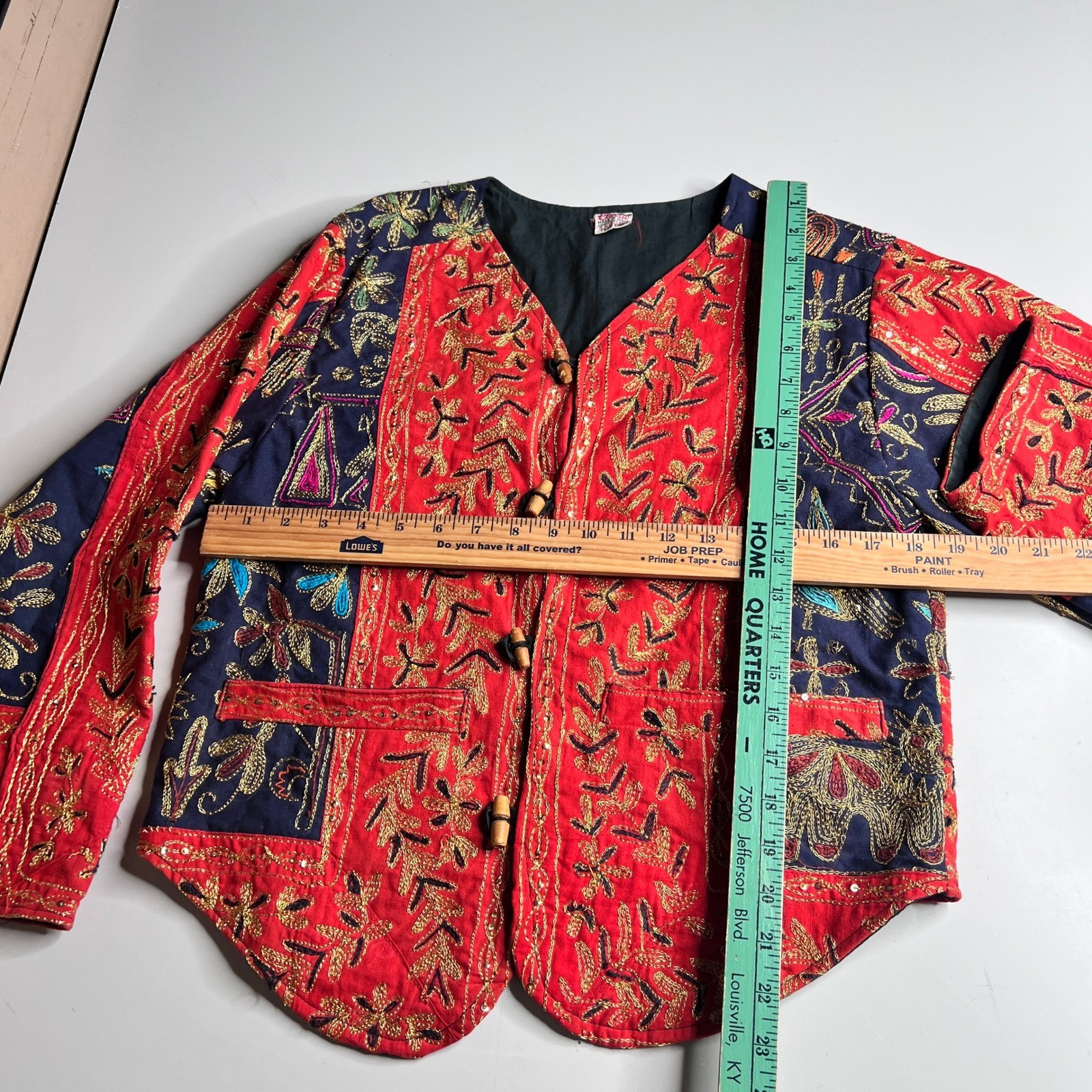 Vintage Classic India Embroidered Cotton Jacket Red Navy Elephant Boho Toggle OS