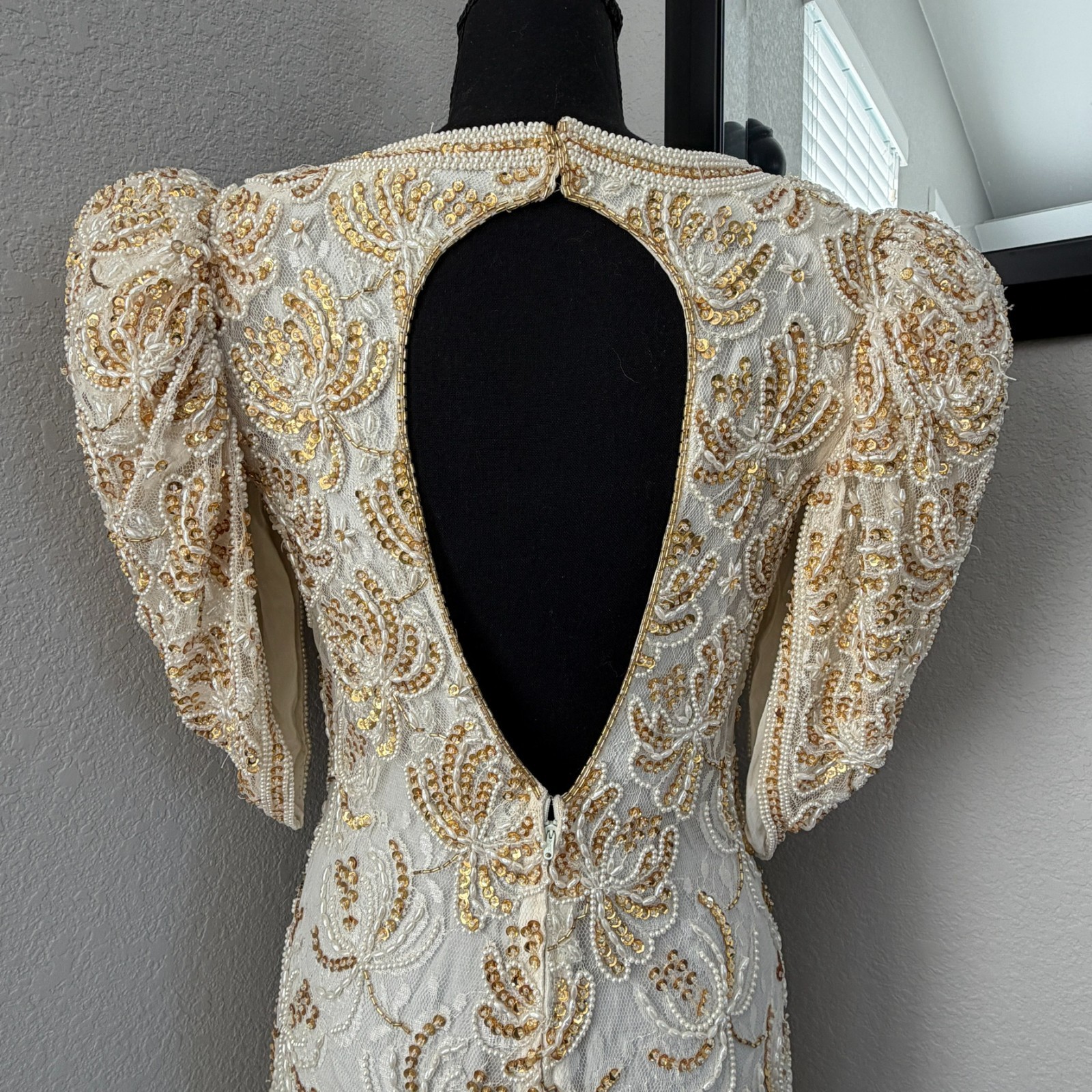 VINTAGE 80s Judith Ann Creations Ivory Gold Beaded Sequin Gown Dress Small