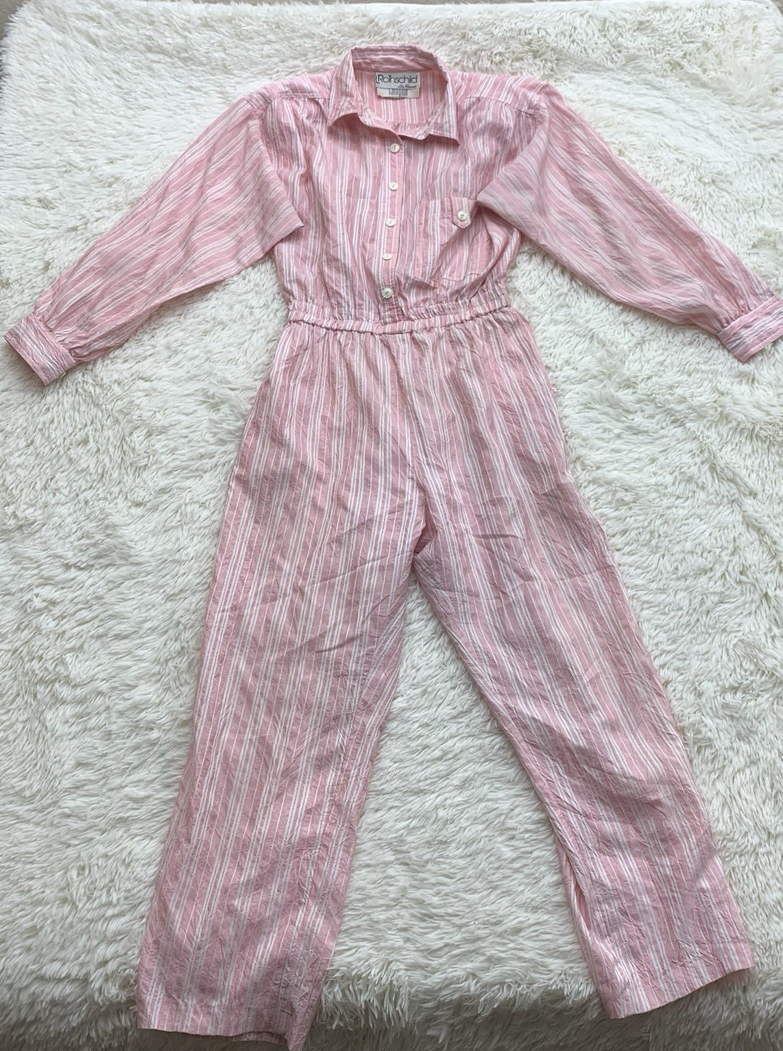 Vintage L Rothschild San Francisco Pink Striped Jumpsuit Pockets Collared Sz 12