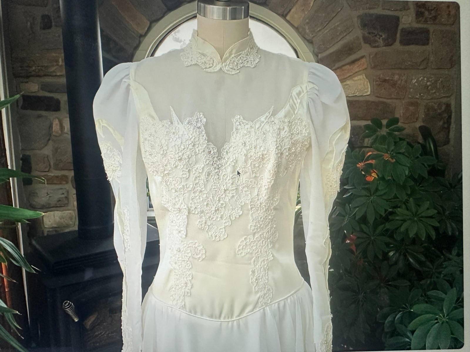Vintage 1970s Ivory Nylon Chiffon Alencon Lace Wedding Dress