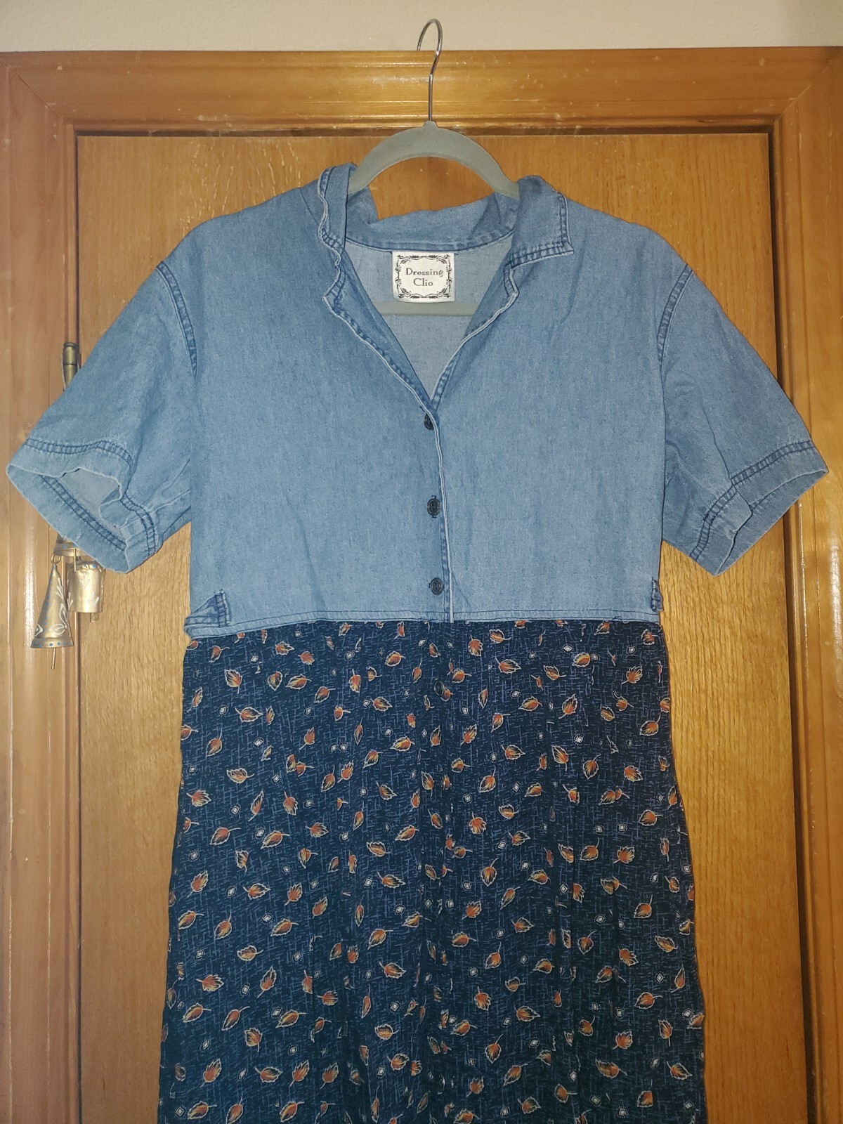 Vtg Y2K Dress M Denim Floral Cottage Core Dressing Clio Button Top
