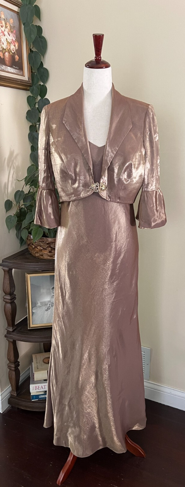 Alex Evenings Petite Gold Maxi Dress and Jacket Set sz 10P