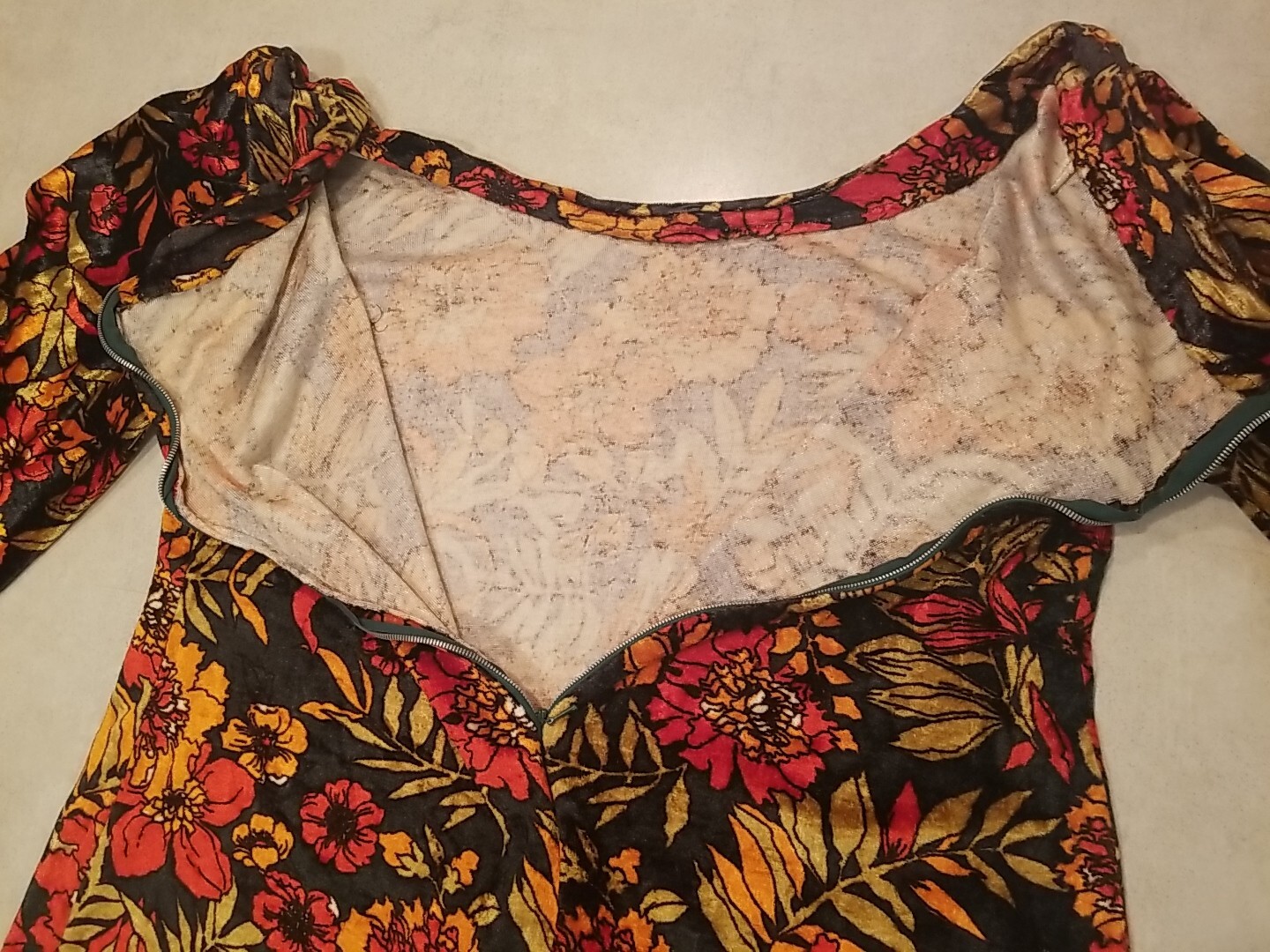 Vintage 1970s Handmade Mini Dress Orange Red Floral Design Zipper Closure Velvet
