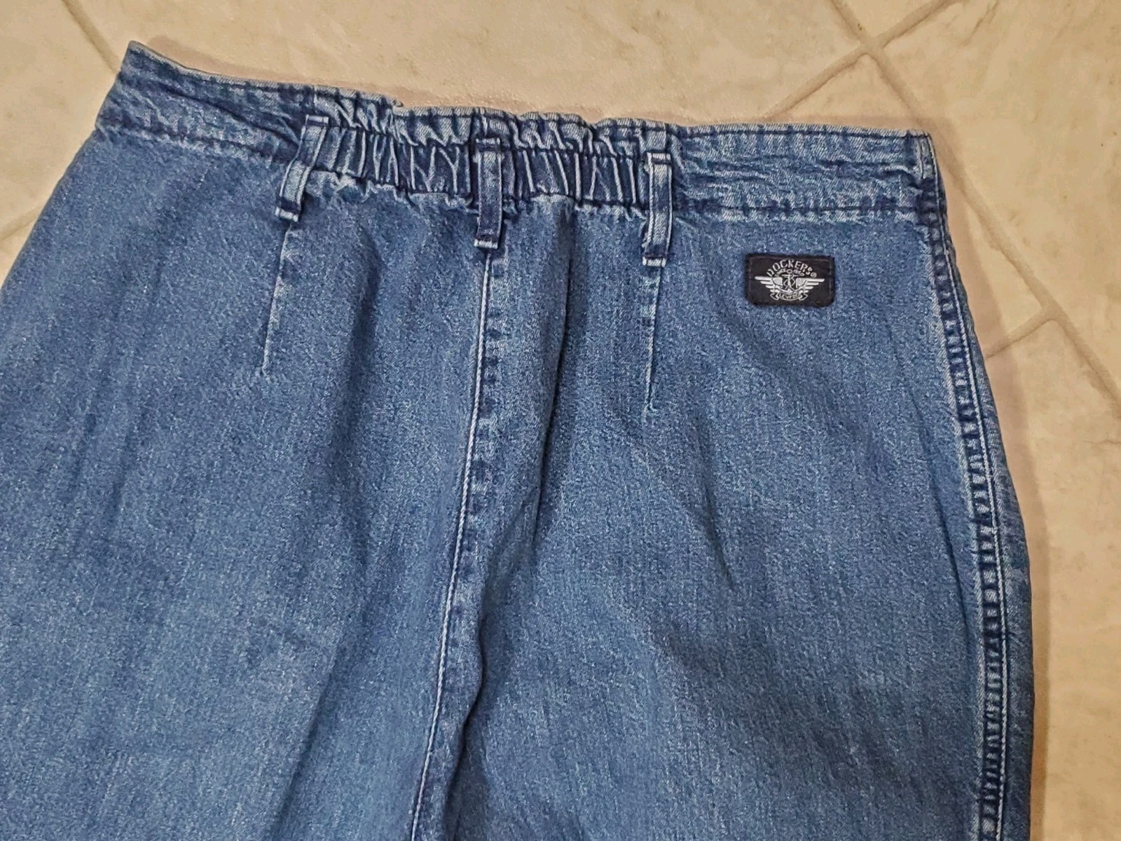 DOCKERS Blue Denim Pant Pleated High Rise Mom Tapered Jean Womens 12 P USA Vtg