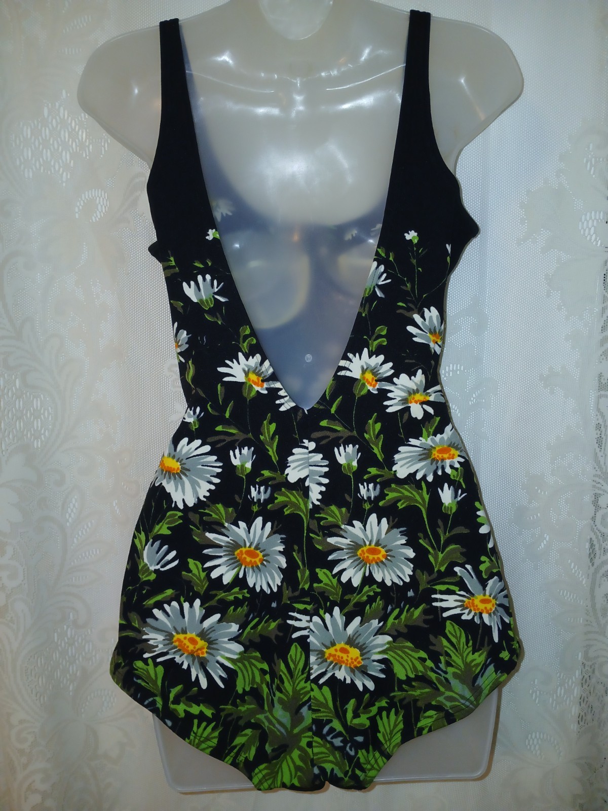 Vintage 60s Daisy Print Mod Bathing Suit Swimsuit Tiki Oasis Pinup Rockabilly M