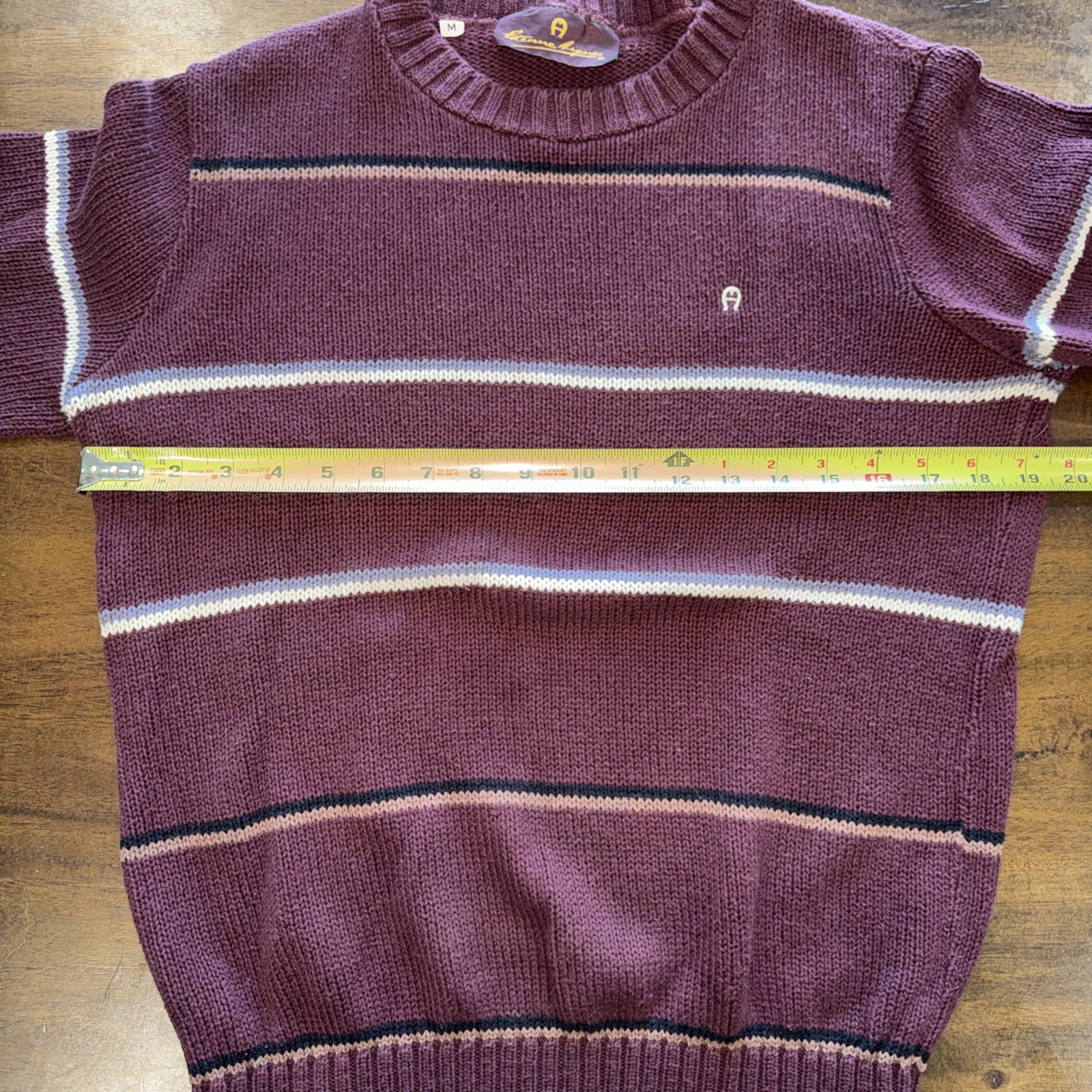 Vintage 70s ETIENNE AIGNER Womens M Cotton Sweater Union Tag USA Burgundy Stripe