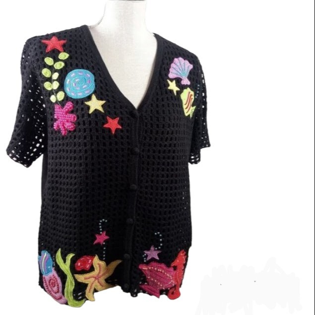 Vintage Hampshire Studio Sweater -Ocean -Short Open Knit Sleeve Medium -Grandma
