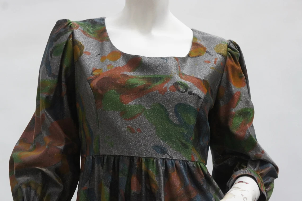 Vintage 60s Metallic Empire Waist Maxi Dress Retro Boho Hippie