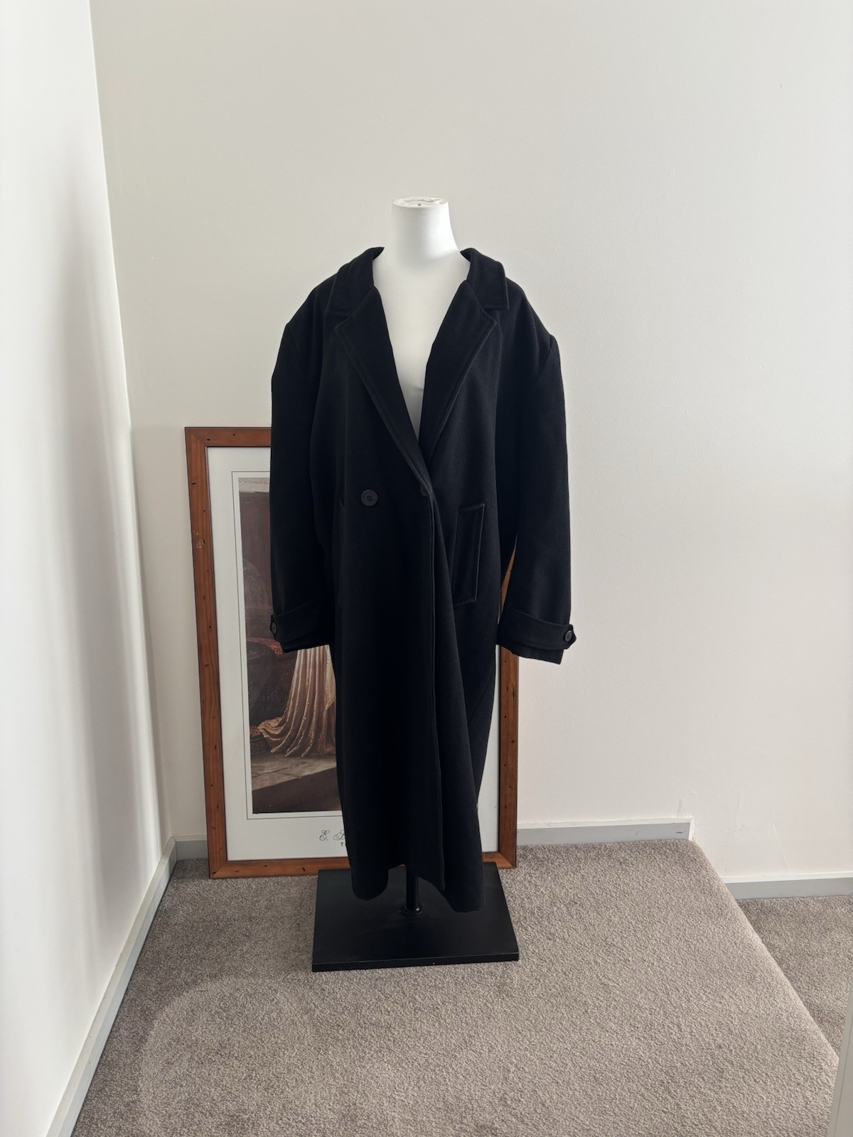 Vintage Riki Nathan Black Wool Cashmere Blend Longline Trench Coat M/L Business