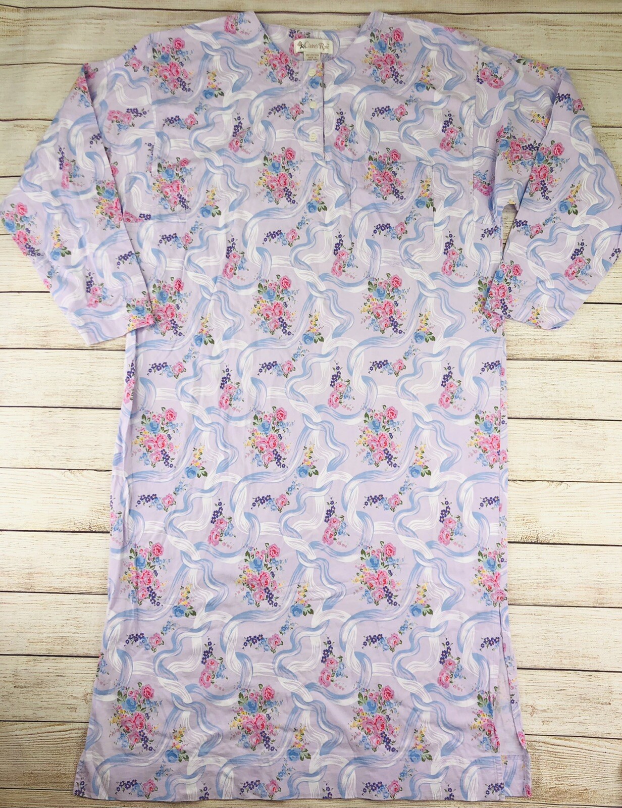 VTG XL Claire’s Rose Cotton Floral 3/4 sleeve Nightgown Nightie Moo Moo NWOT