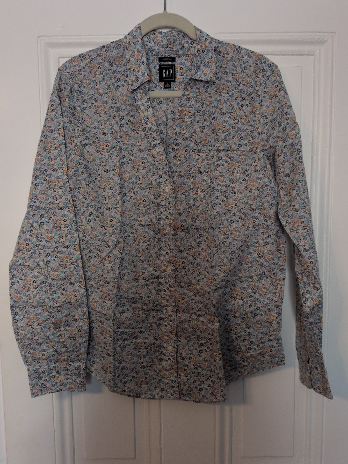 Vintage GAP Blue Ditzy Flower Long Sleeve Button Up Shirt V Neck Size M Tall