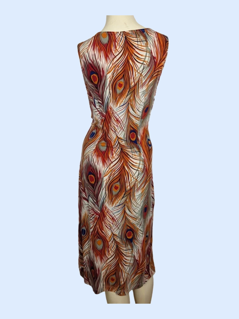 BCBG Dresses Large orange blue Peacock Feather print Vintage Empire Waist Y2K