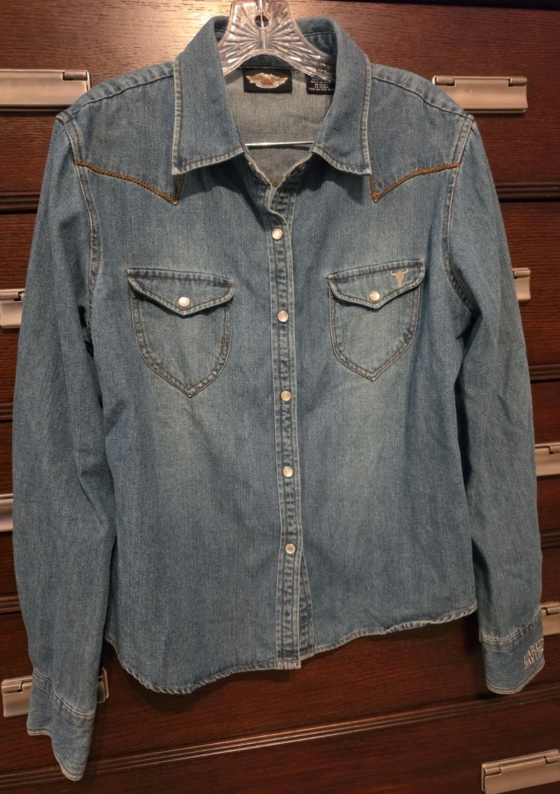 Harley-Davidson Denim Shirt Women’s XL Embroidered Logo Blue Cotton L/S Western
