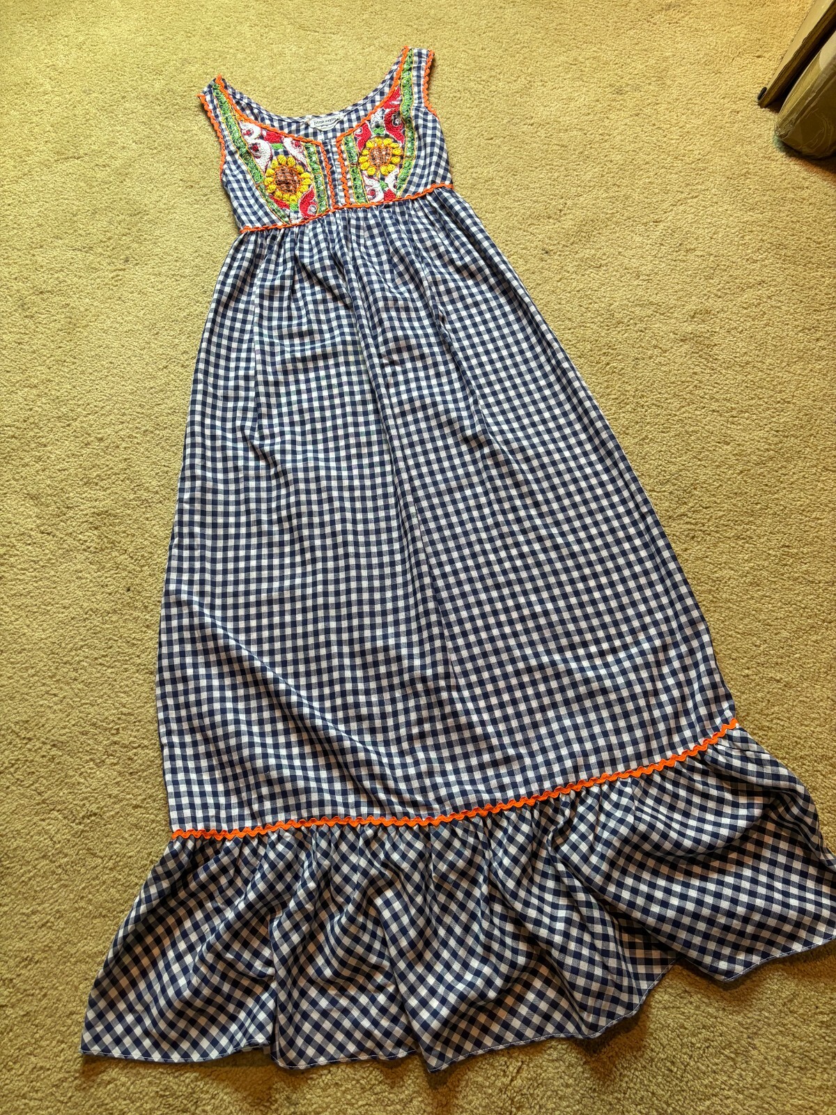 Vintage 70s Joseph Magnin Embroidered Gingham Maxi Dress Boho Hippy Sunflower XS