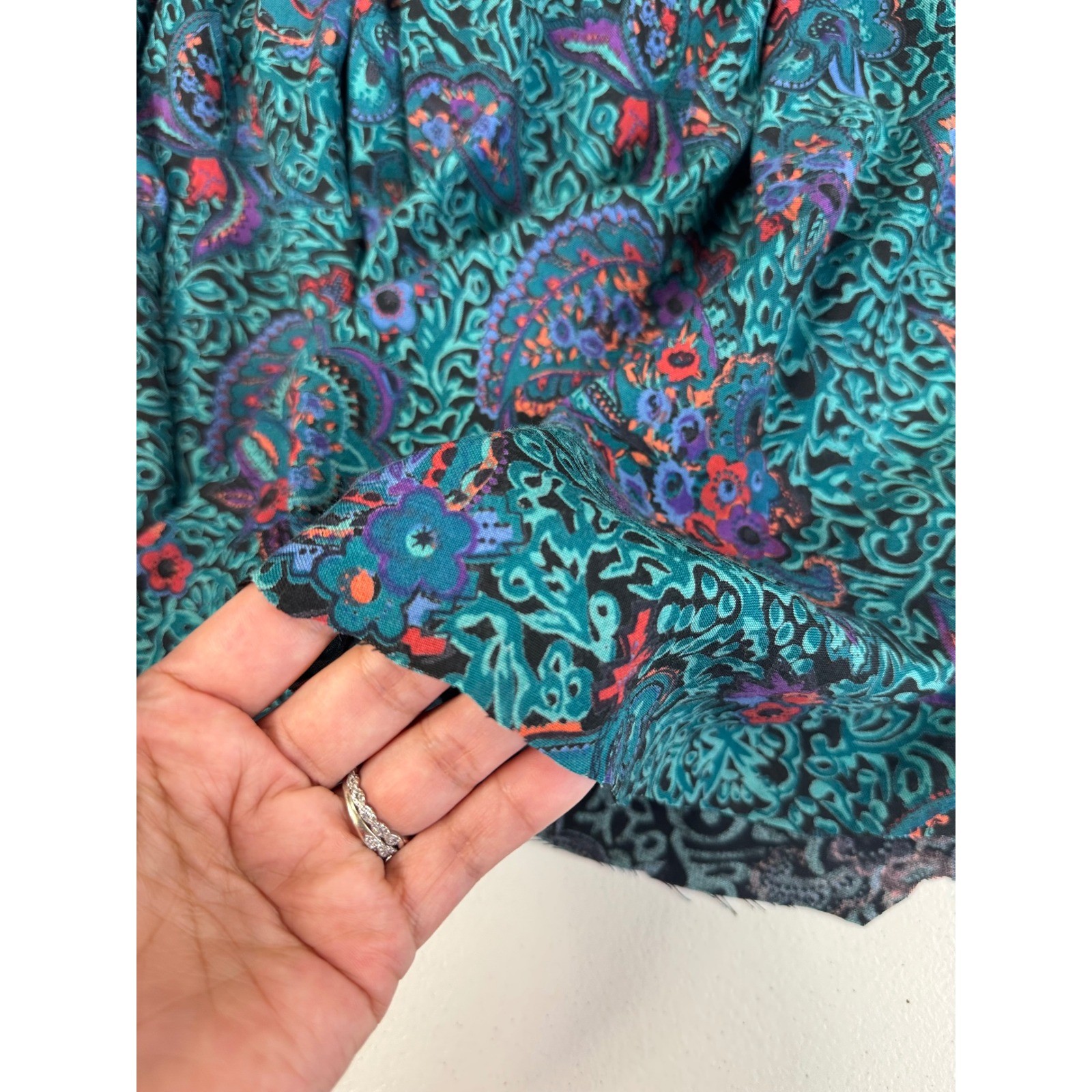 Vintage Phool Paisley Midi Dress Teal Purple Mock Neck Short Sleeve India M