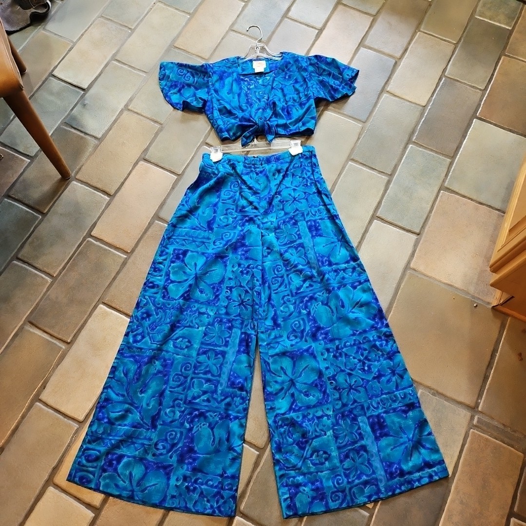 Vtg 60s Hawaiian Laguna Original 2pc Crop Top & Palazzo Pants Set Lite Barkcloth
