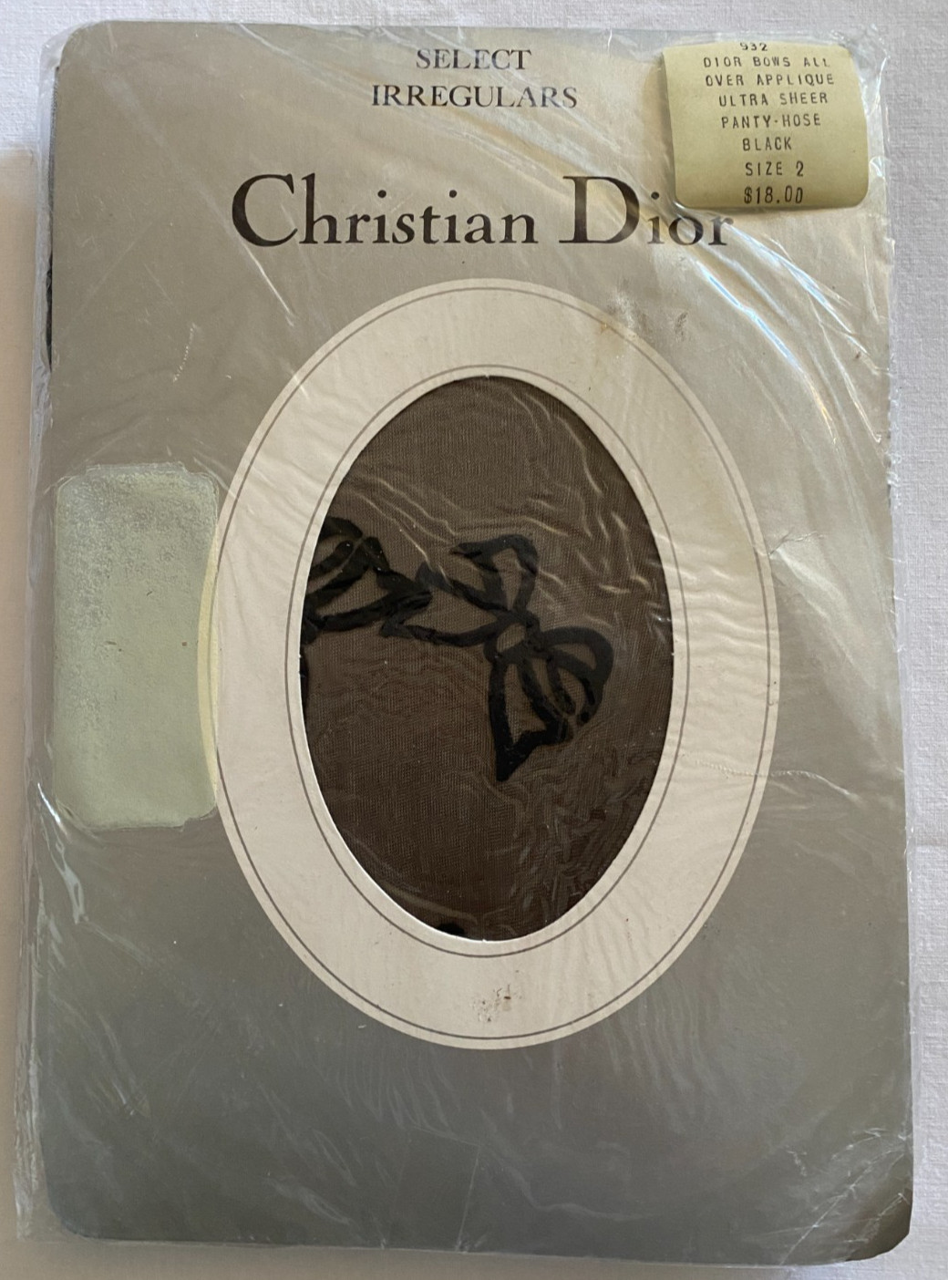 Vintage CHRISTIN DIOR 'Bows All Over’ Silken Sheer Pantyhose Stockings Black sz2