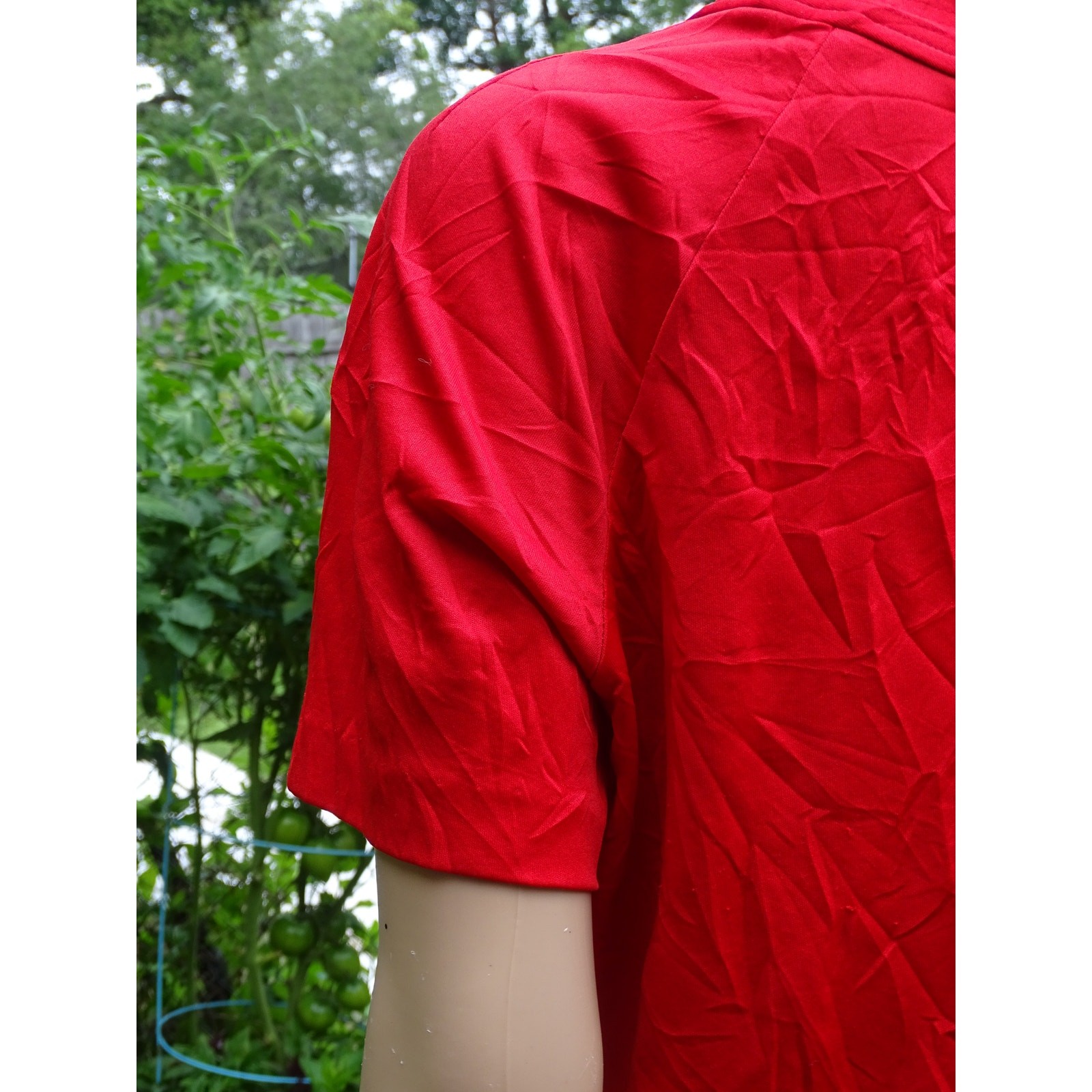 Vintage 1970s Red Blouse Womens Medium Large Gathered Pleated Retro Zipper Back