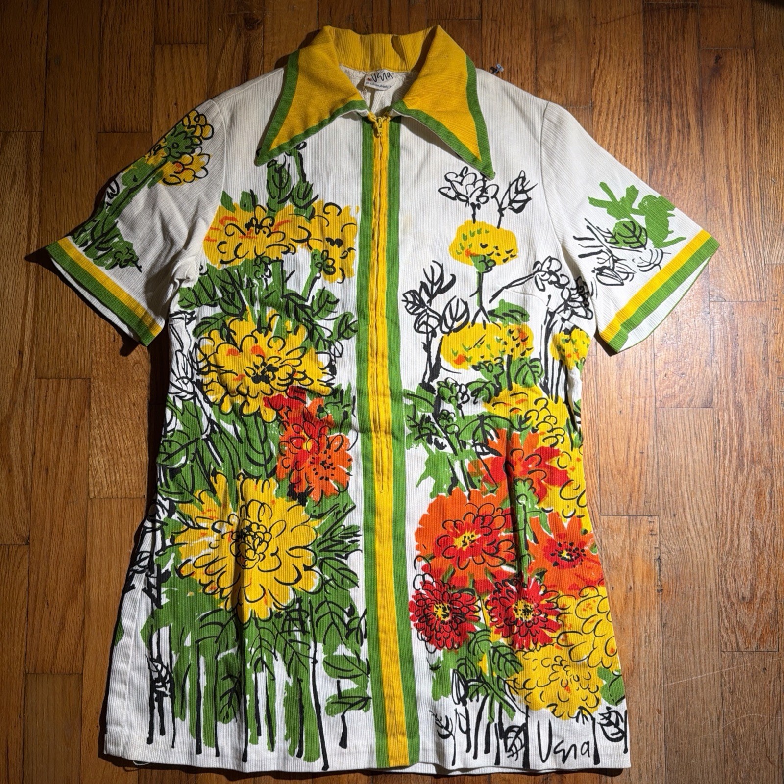 Vintage VERA NEUMANN 60’s Cotton Shirt – Floral Design Size 14 Cotton Talon Zip