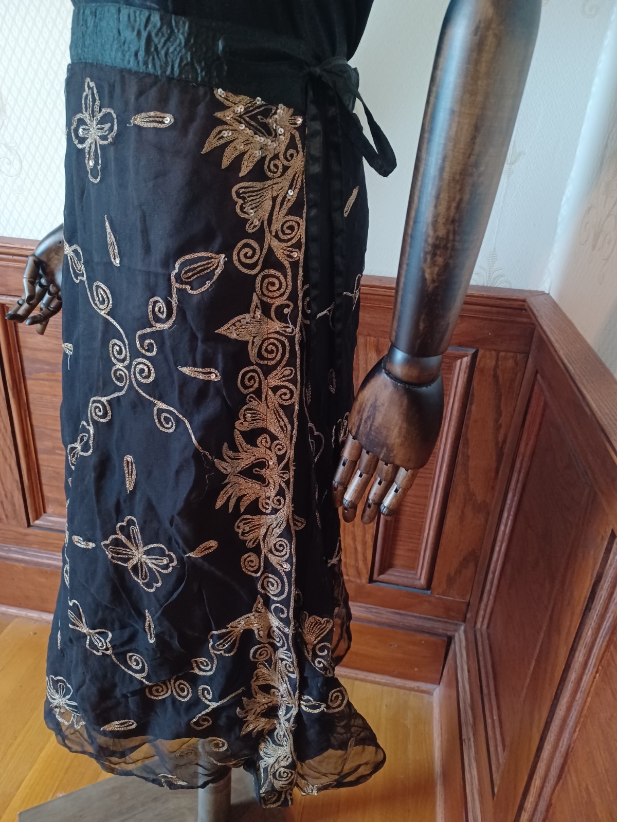 Vintage 1990s Sheer Black/Brown Satin-lined Gold-Embroidered Boho Wrap Skirt