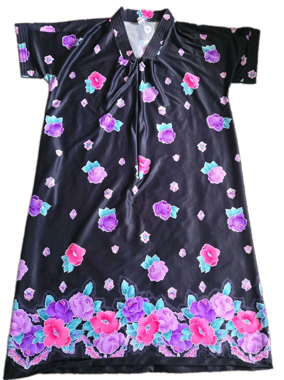Granada Vintage Zip Front Caftan Robe Black Floral Maxi USA One Size Pocket