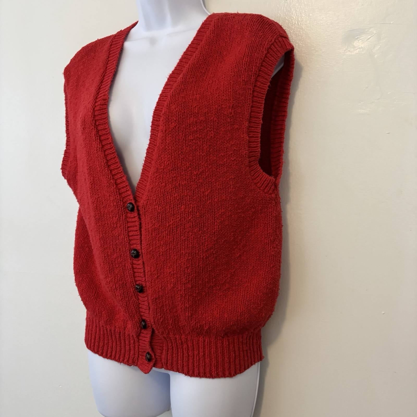 Vintage Villager Red Vest Medium Cardigan USA 80s Y2K Wood Buttons