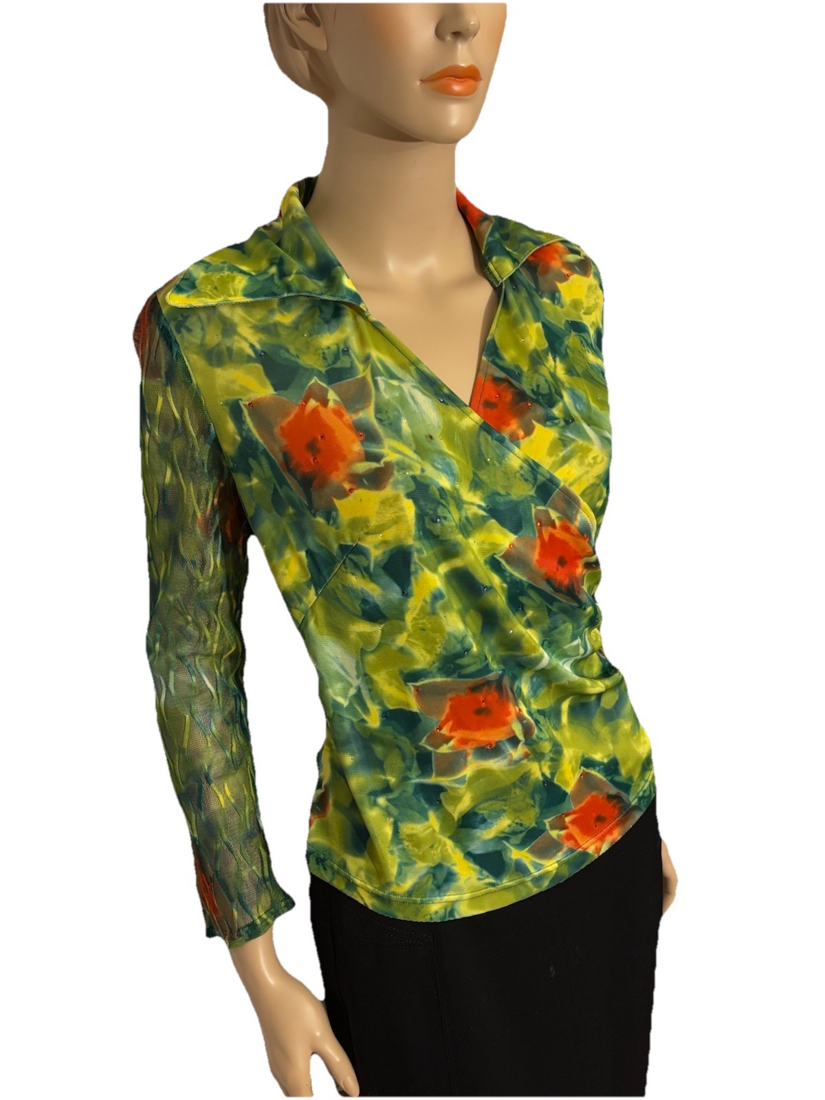 Vintage 90s Itariya Green Red Floral Surplice Top Mesh Sleeved US 4