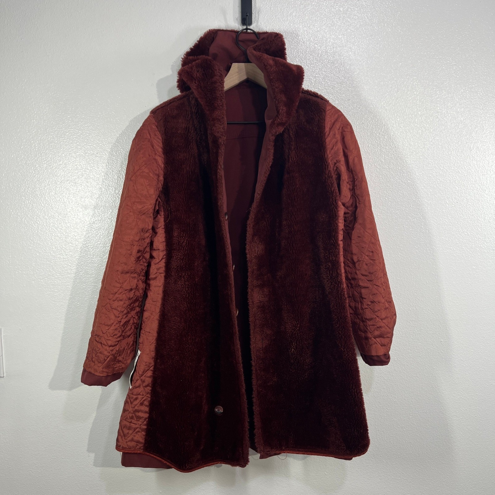Vtg 70s Bonders Exclusive All Seasons Calendar Cloth Coat Red Faux Fur Lined S/M