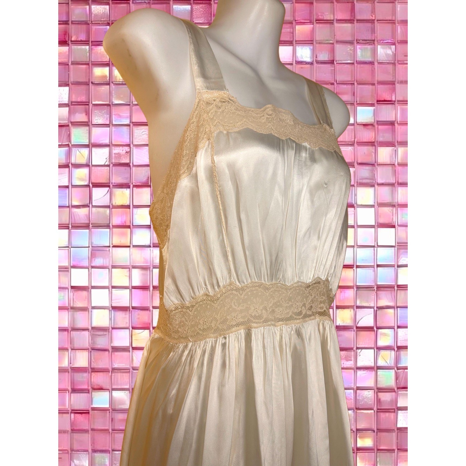 Vintage 1940s Textron Rayon Slip Dress | Cream Satin & Lace Lingerie