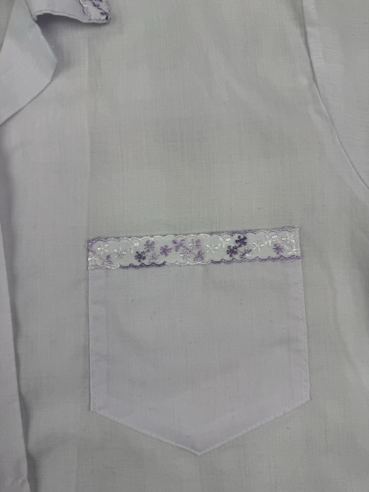Vintage White Button Up Blouse Lavender Trim Cottagecore USA 36
